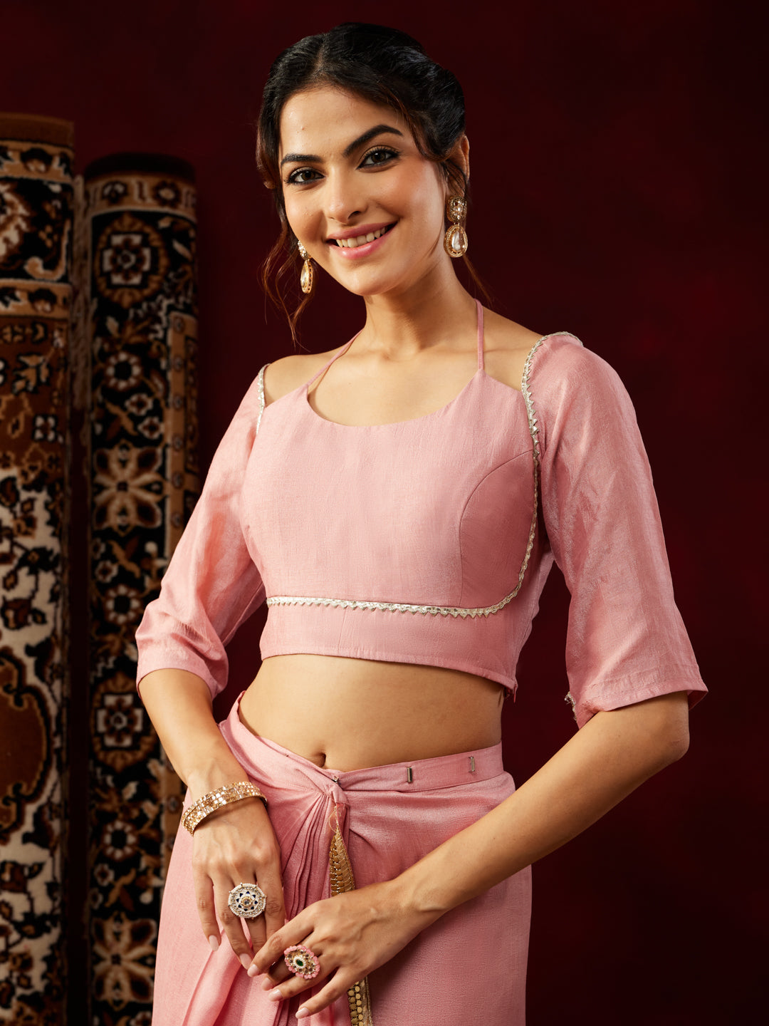 Ninnique Women's Pink Silk Blend Ready To Wear Embellished Saree with Unstitched Blouse