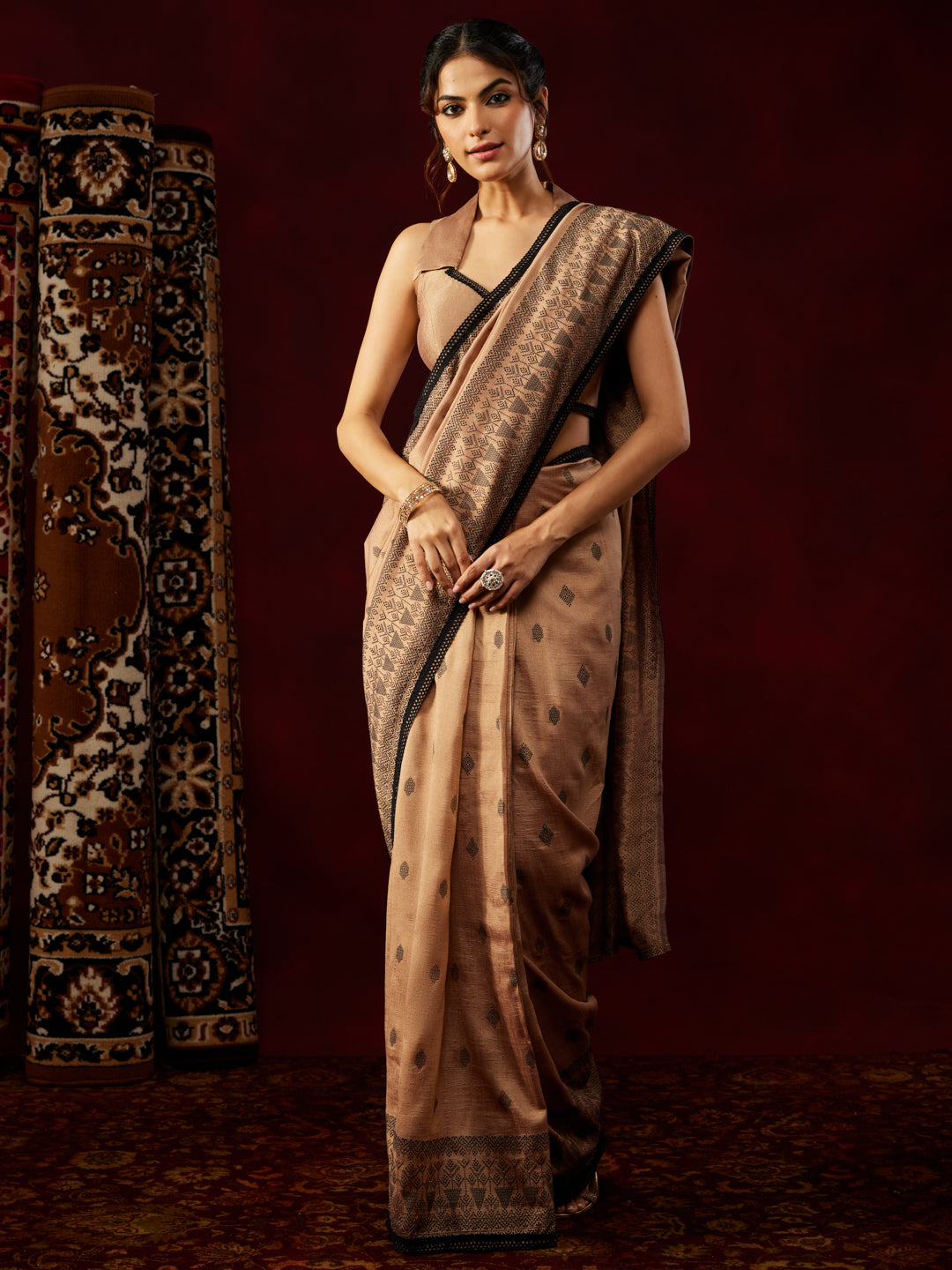 Ninnique Women's Brown Silk Blend Ready To Wear Printed Saree with Unstitched Blouse