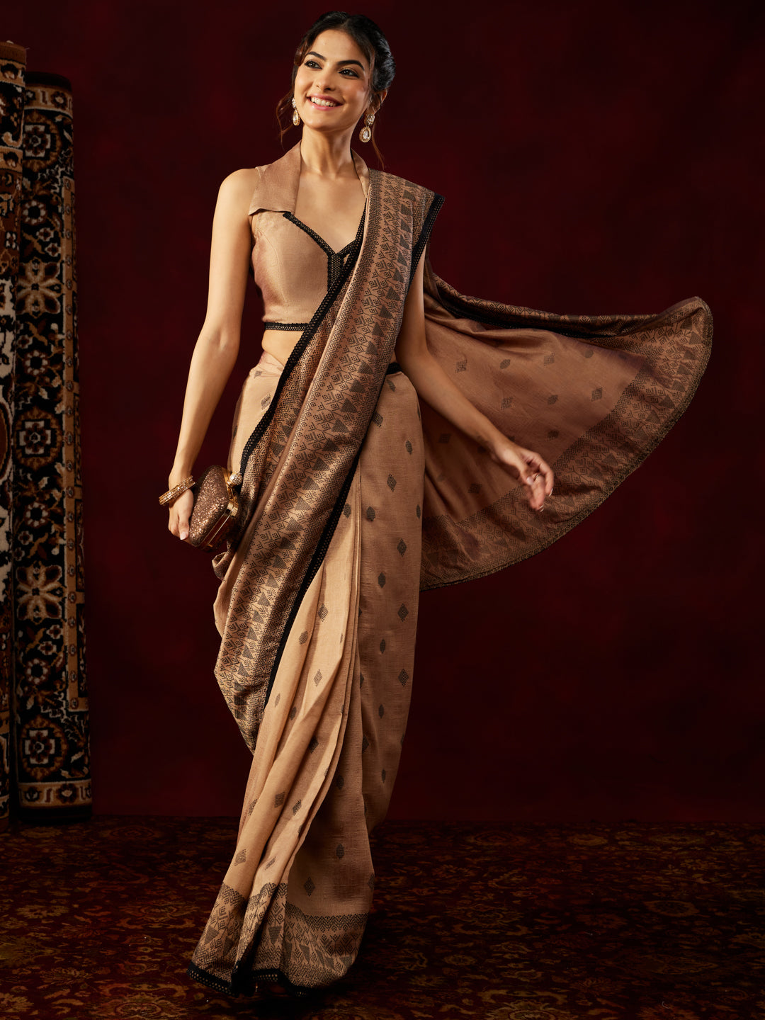 Ninnique Women's Brown Silk Blend Ready To Wear Printed Saree with Unstitched Blouse