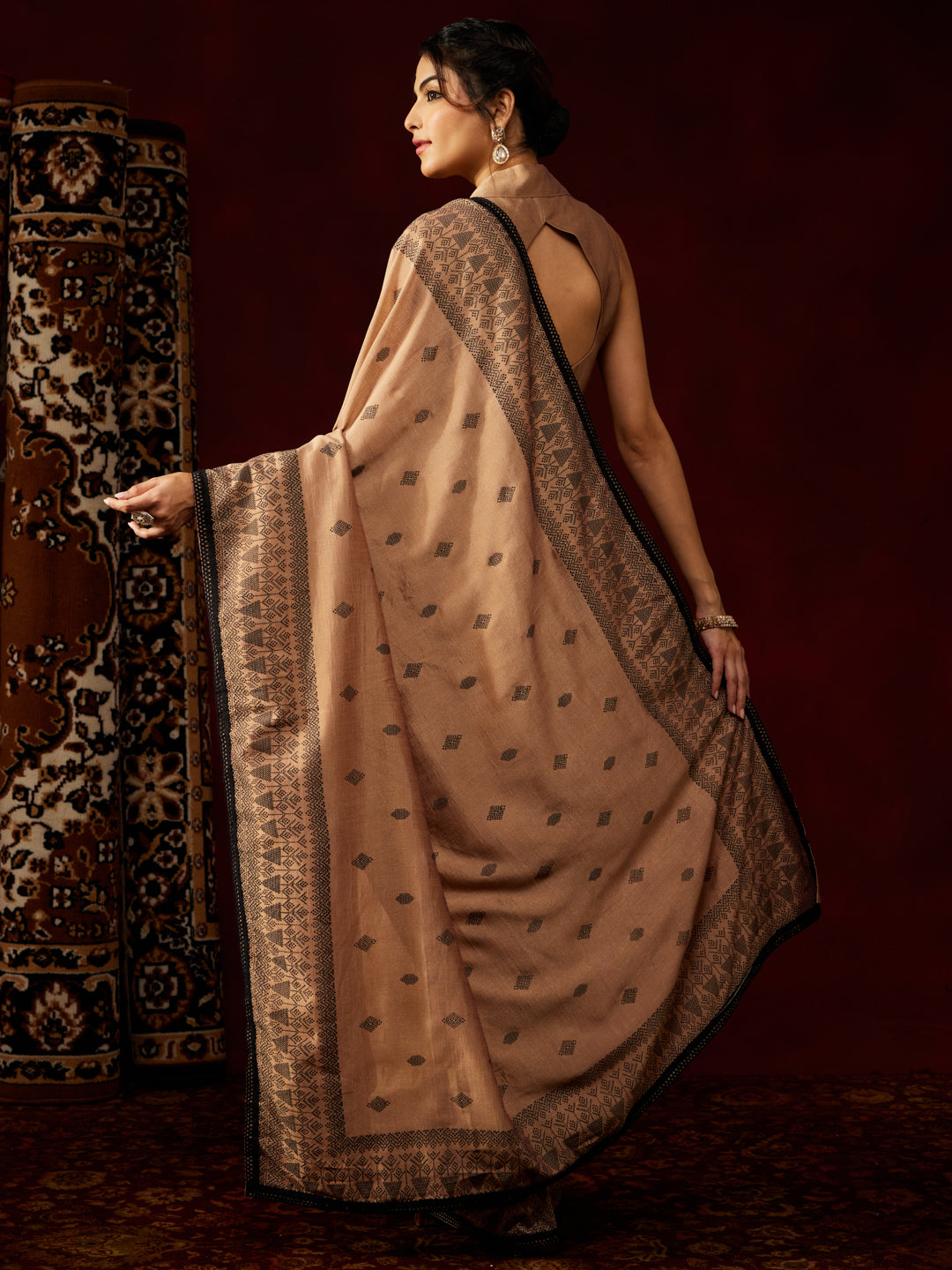 Ninnique Women's Brown Silk Blend Ready To Wear Printed Saree with Unstitched Blouse