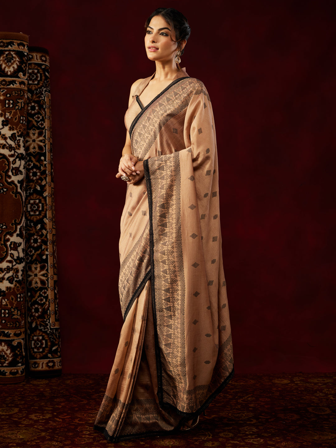 Ninnique Women's Brown Silk Blend Ready To Wear Printed Saree with Unstitched Blouse