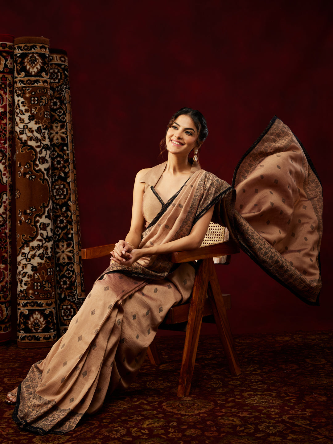Ninnique Women's Brown Silk Blend Ready To Wear Printed Saree with Unstitched Blouse