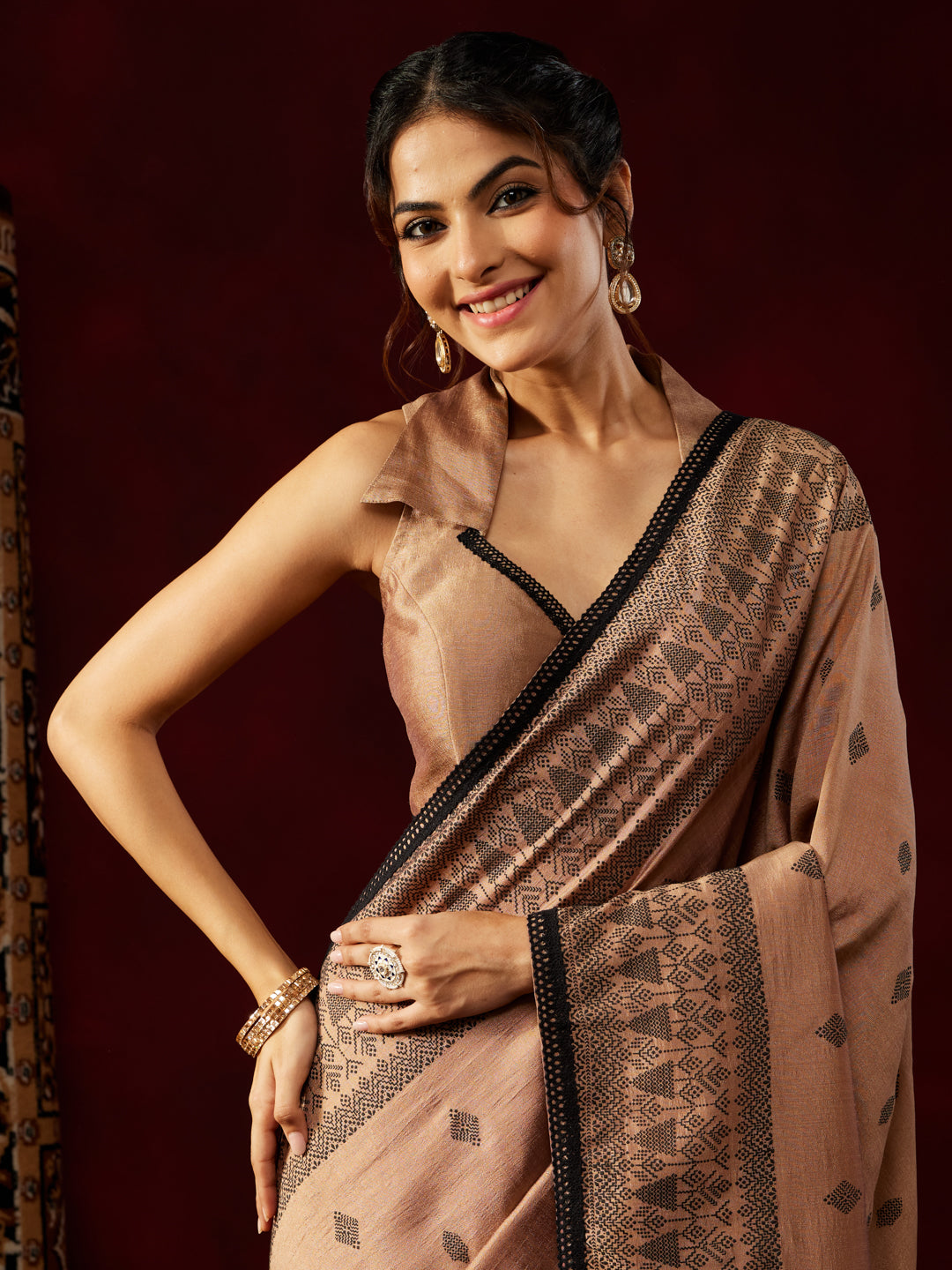 Ninnique Women's Brown Silk Blend Ready To Wear Printed Saree with Unstitched Blouse