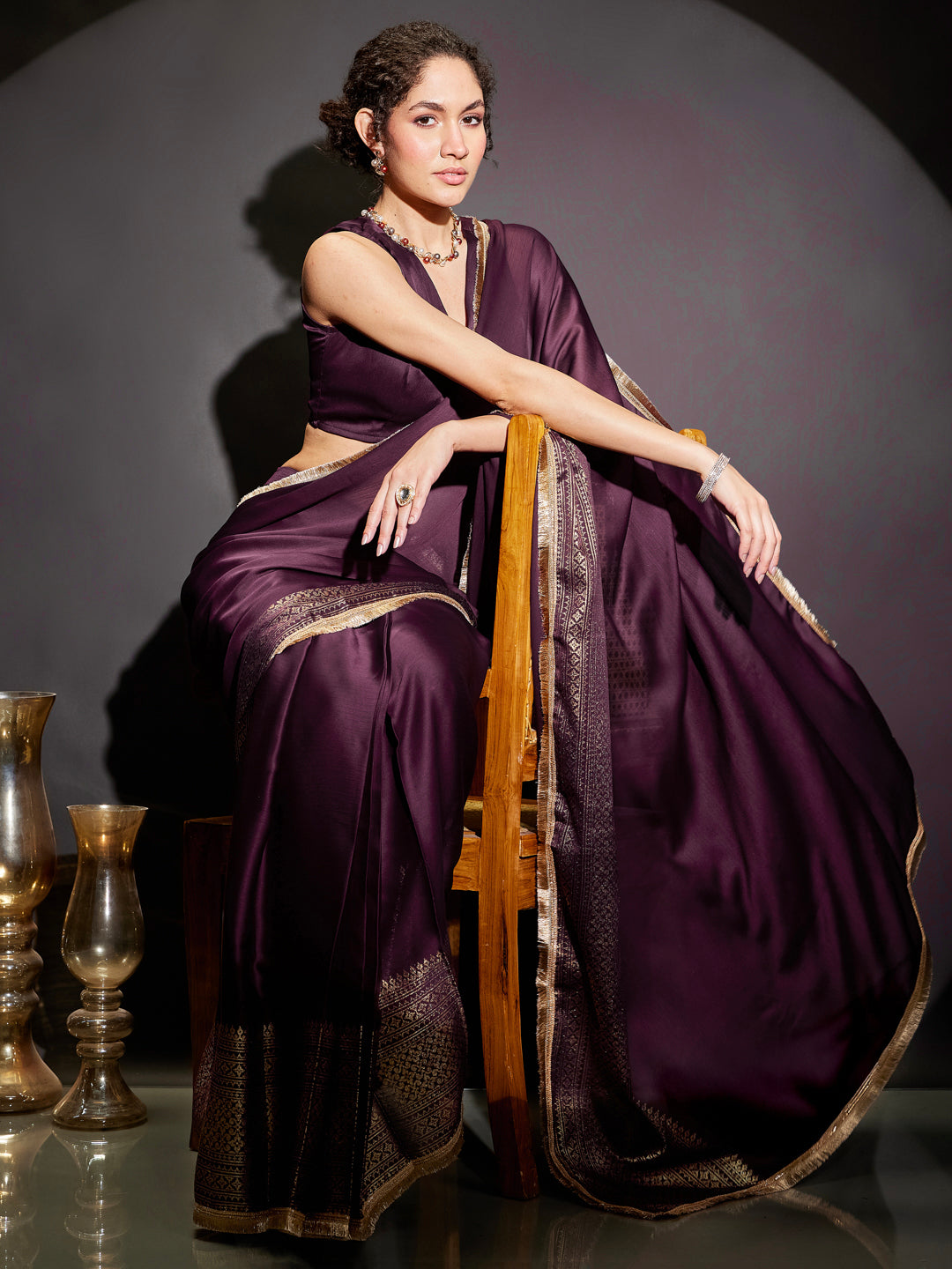 Ninnique Women's Wine Silk Blend Ready To Wear Gold Printed Saree with Unstitched Blouse