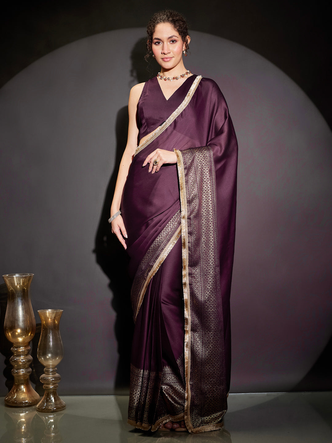 Ninnique Women's Wine Silk Blend Ready To Wear Gold Printed Saree with Unstitched Blouse