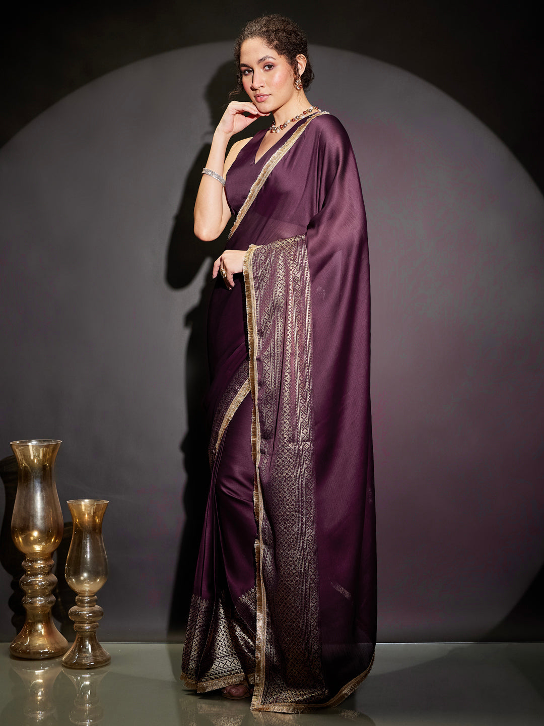 Ninnique Women's Wine Silk Blend Ready To Wear Gold Printed Saree with Unstitched Blouse
