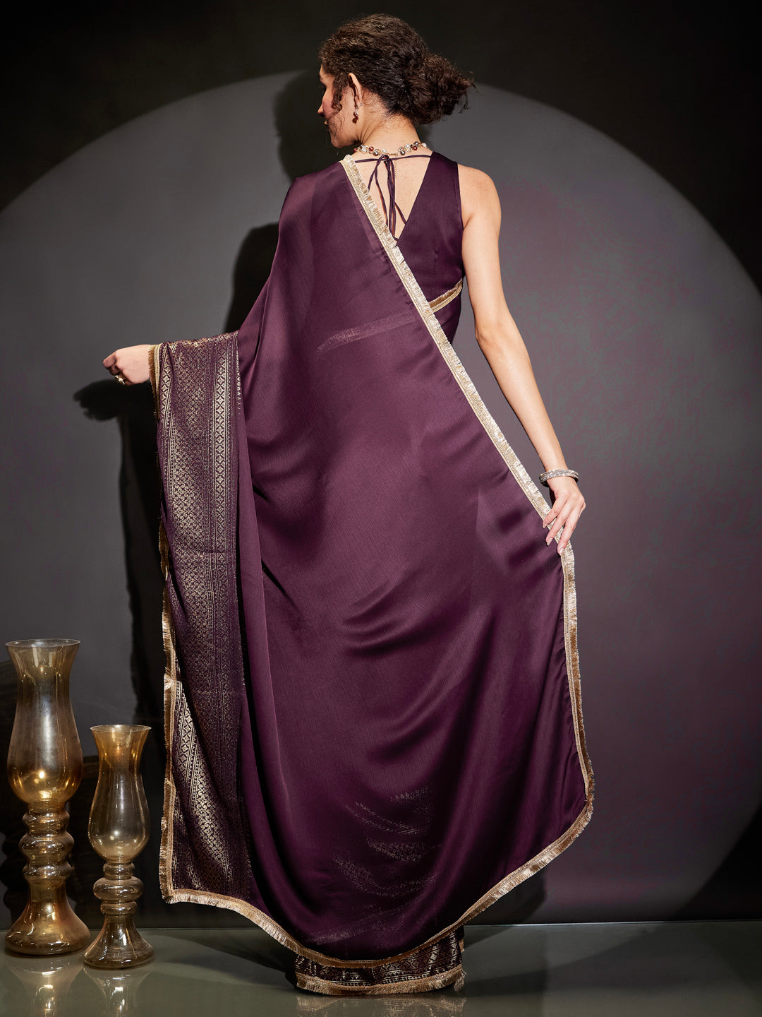 Ninnique Women's Wine Silk Blend Ready To Wear Gold Printed Saree with Unstitched Blouse