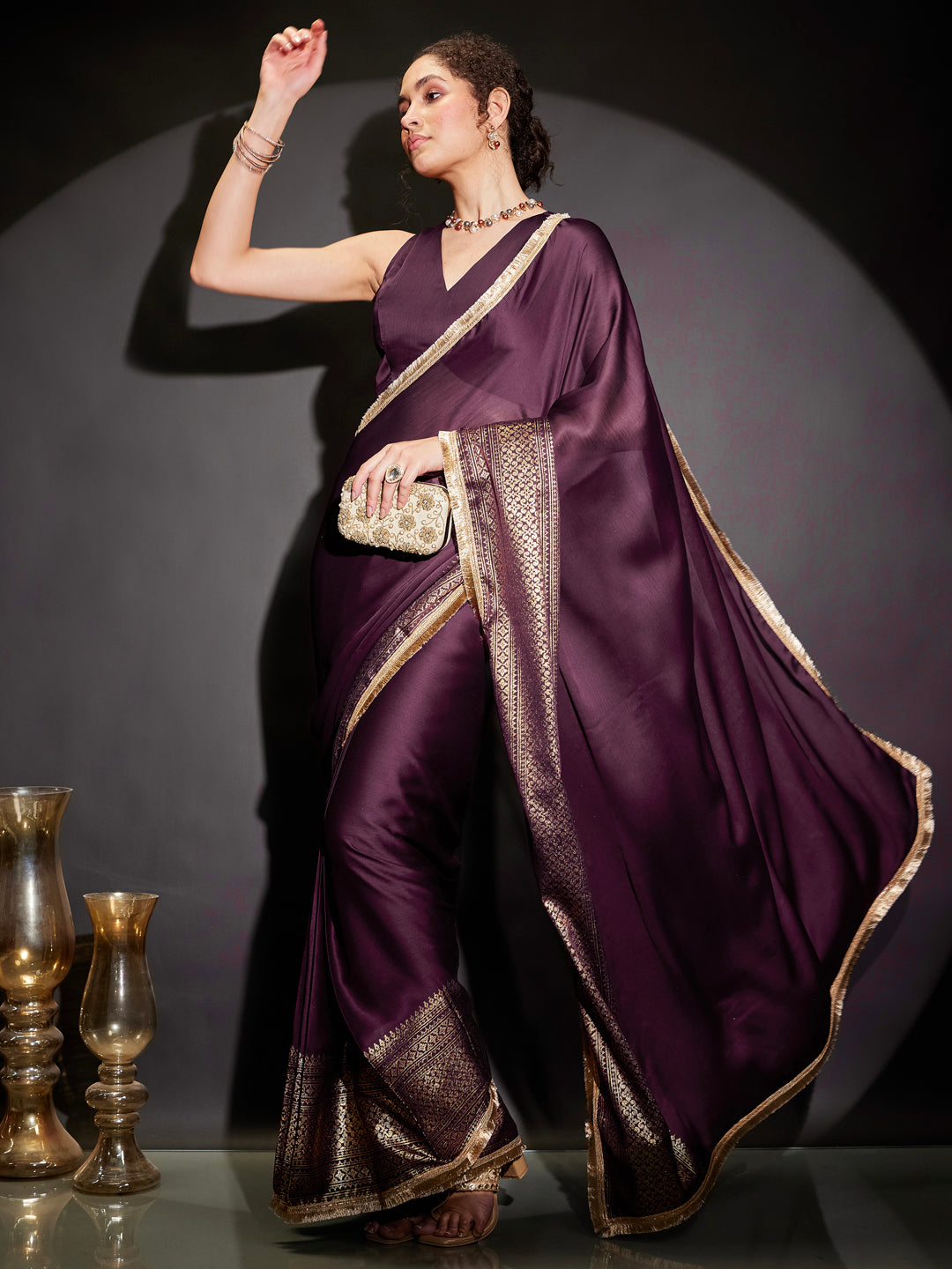 Ninnique Women's Wine Silk Blend Ready To Wear Gold Printed Saree with Unstitched Blouse