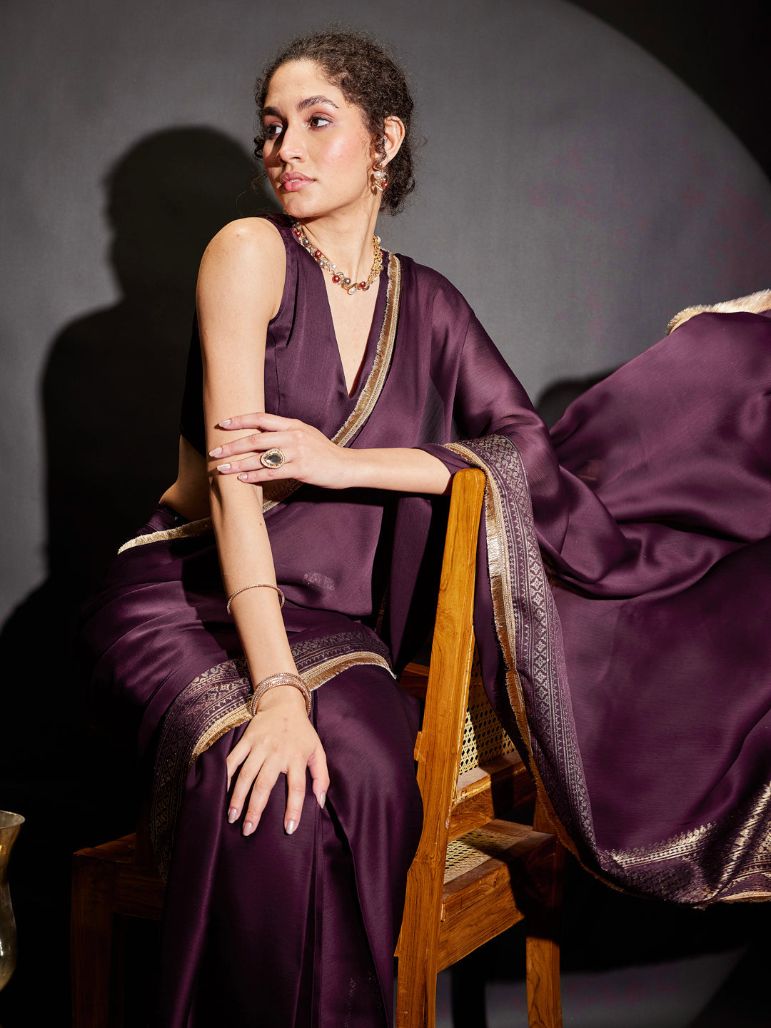 Ninnique Women's Wine Silk Blend Ready To Wear Gold Printed Saree with Unstitched Blouse