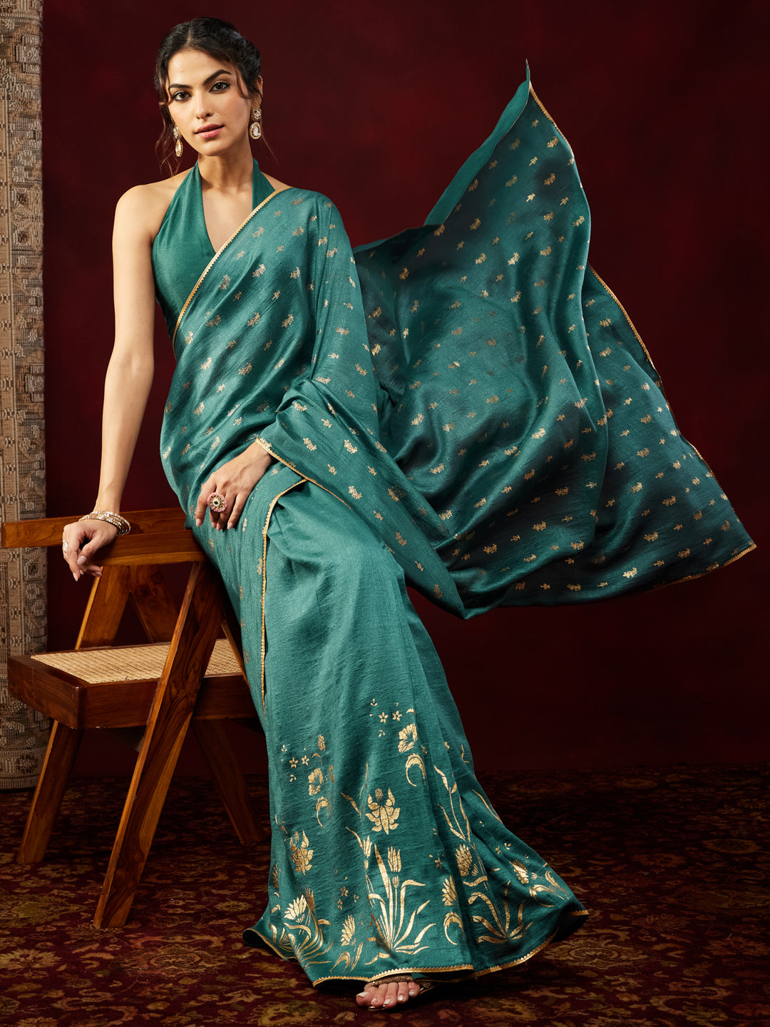 Ninnique Women's Teal Blue Silk Blend Ready To Wear Gold Printed Saree with Unstitched Blouse