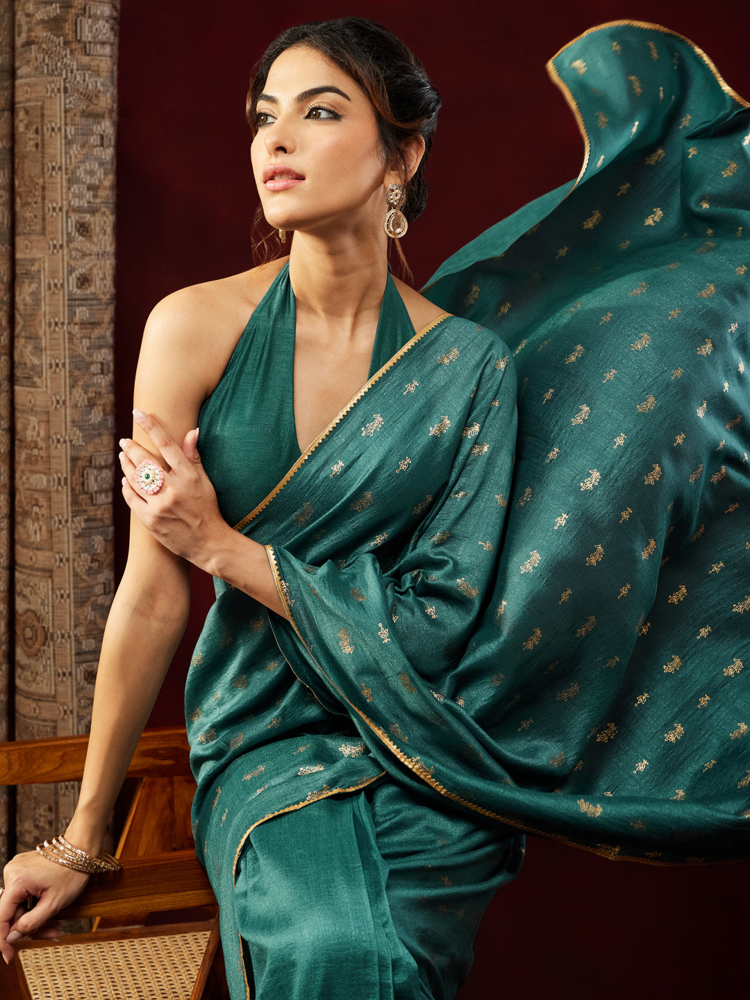 Ninnique Women's Teal Blue Silk Blend Ready To Wear Gold Printed Saree with Unstitched Blouse