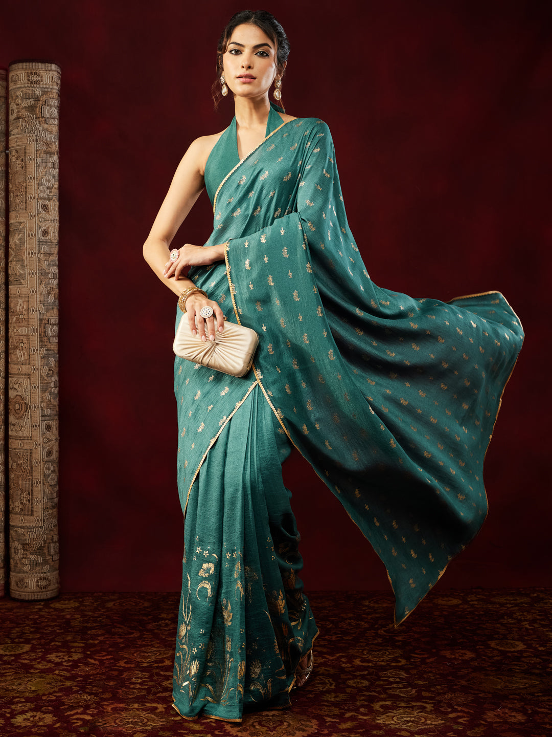 Ninnique Women's Teal Blue Silk Blend Ready To Wear Gold Printed Saree with Unstitched Blouse
