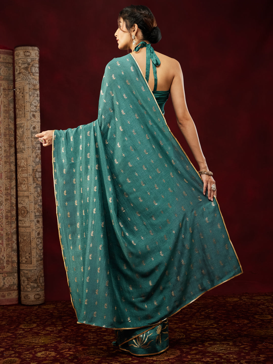 Ninnique Women's Teal Blue Silk Blend Ready To Wear Gold Printed Saree with Unstitched Blouse