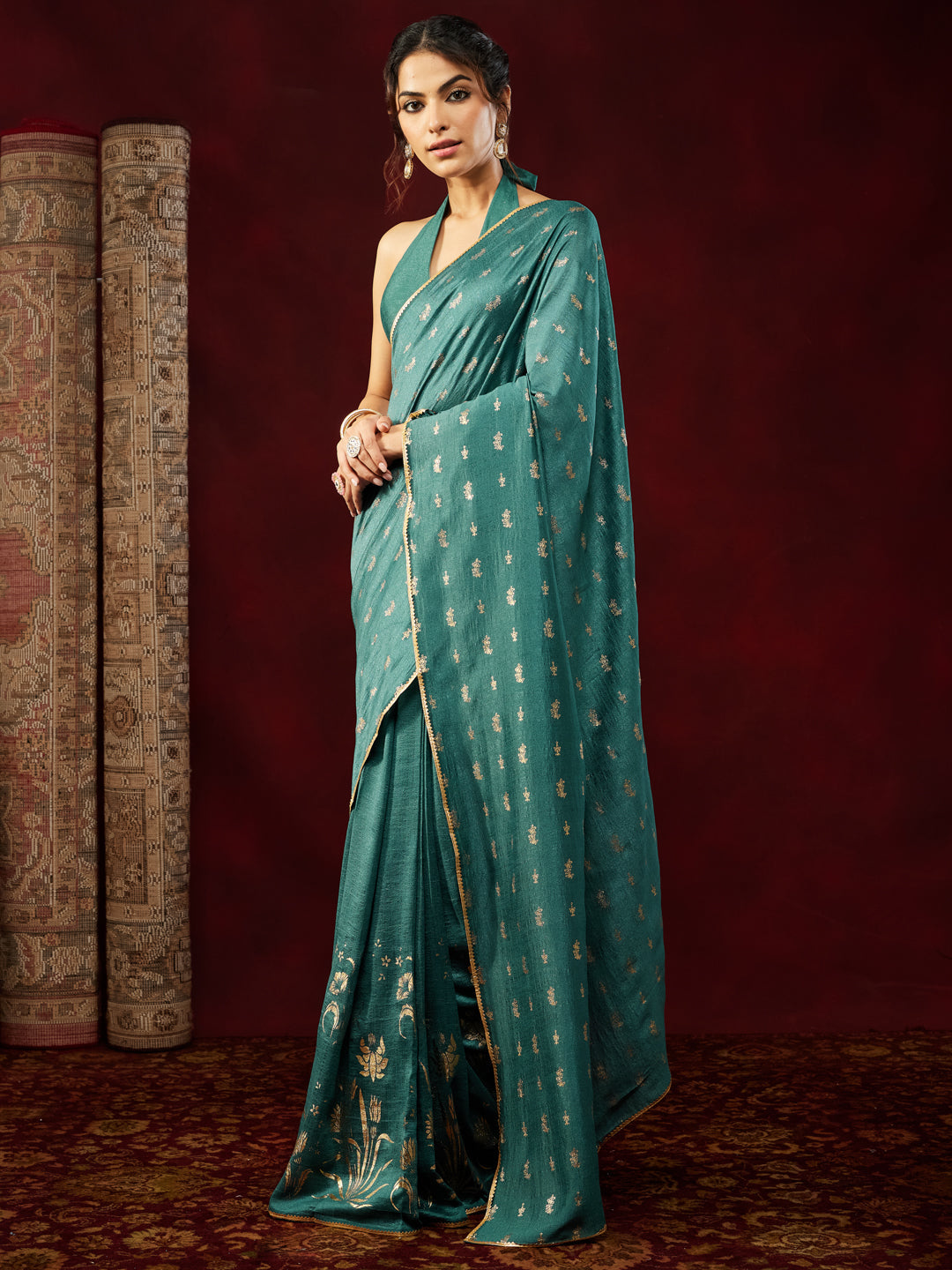 Ninnique Women's Teal Blue Silk Blend Ready To Wear Gold Printed Saree with Unstitched Blouse
