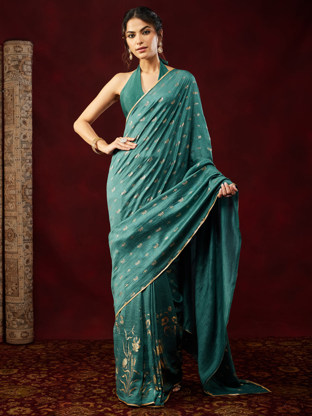 Ninnique Women's Teal Blue Silk Blend Ready To Wear Gold Printed Saree with Unstitched Blouse