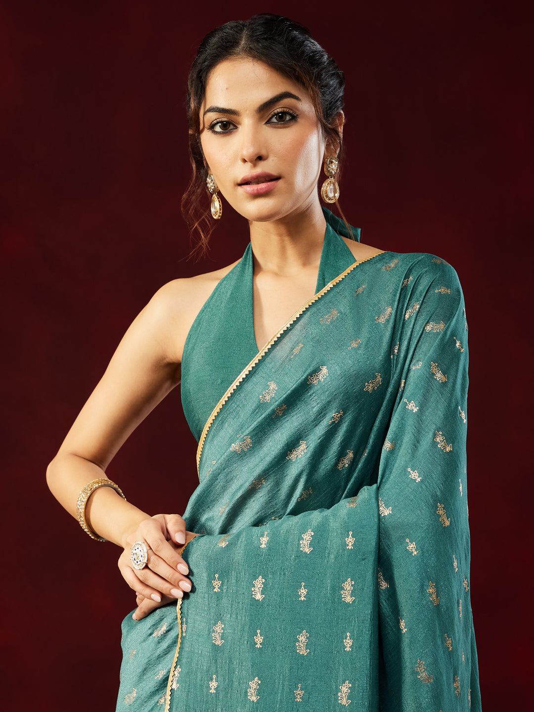 Ninnique Women's Teal Blue Silk Blend Ready To Wear Gold Printed Saree with Unstitched Blouse