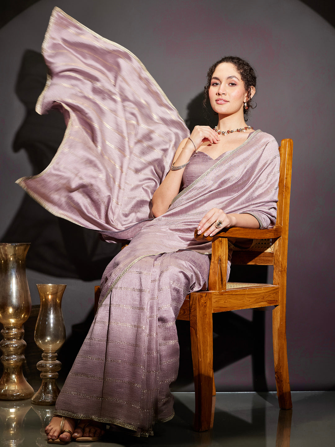 Ninnique Women's Lavender Silk Blend Ready To Wear Embellished Saree with Unstitched Blouse