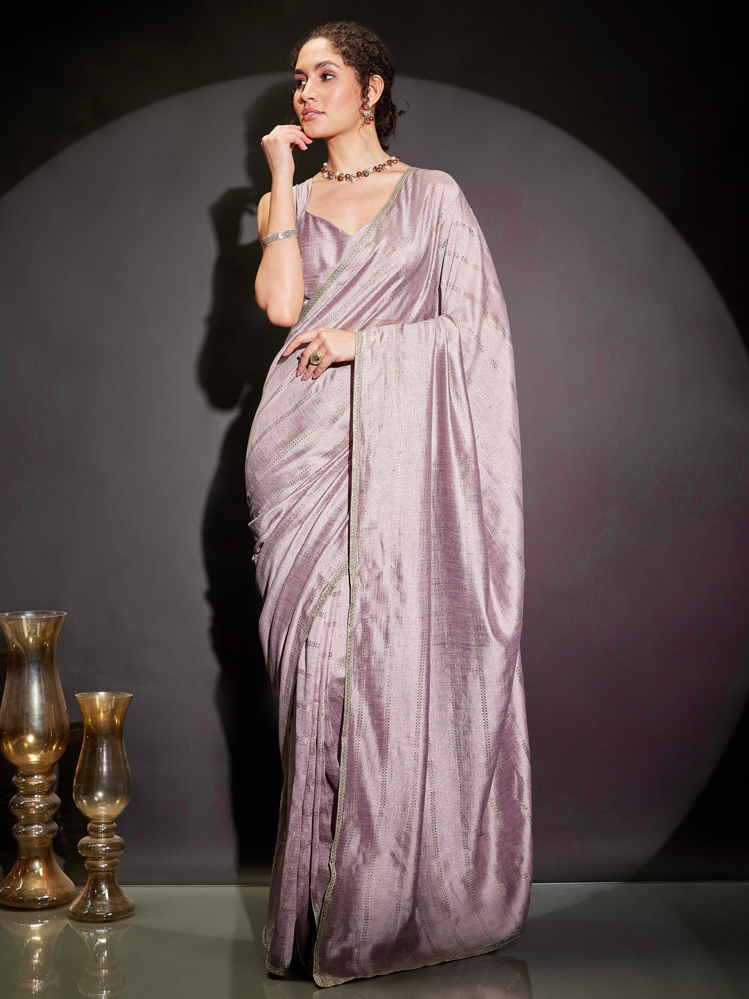 Ninnique Women's Lavender Silk Blend Ready To Wear Embellished Saree with Unstitched Blouse