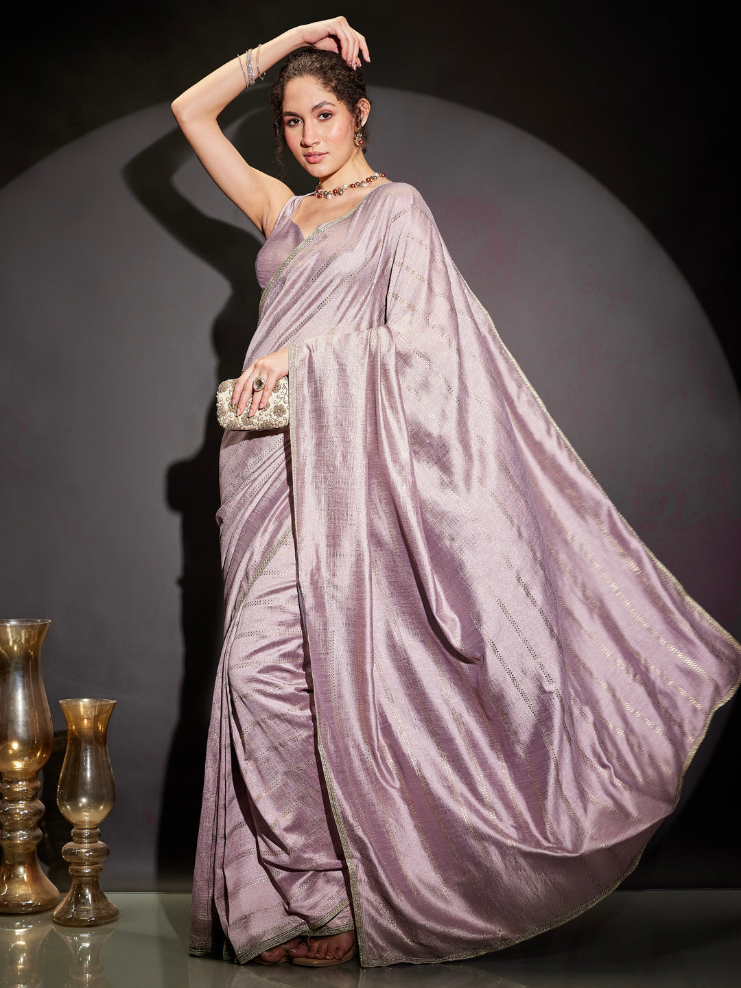 Ninnique Women's Lavender Silk Blend Ready To Wear Embellished Saree with Unstitched Blouse