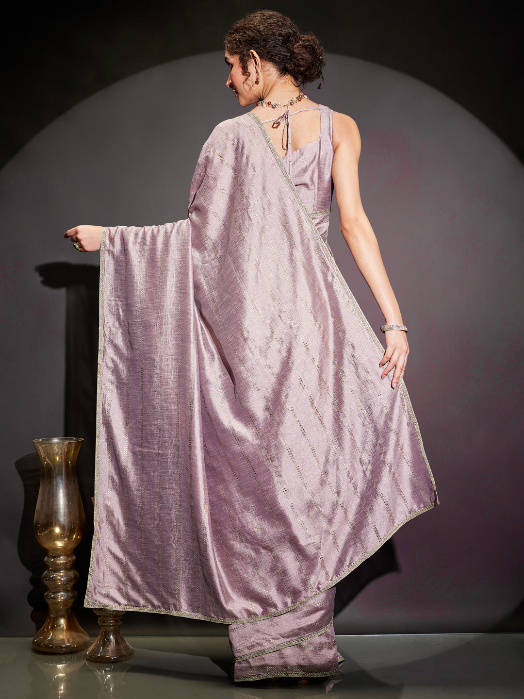 Ninnique Women's Lavender Silk Blend Ready To Wear Embellished Saree with Unstitched Blouse
