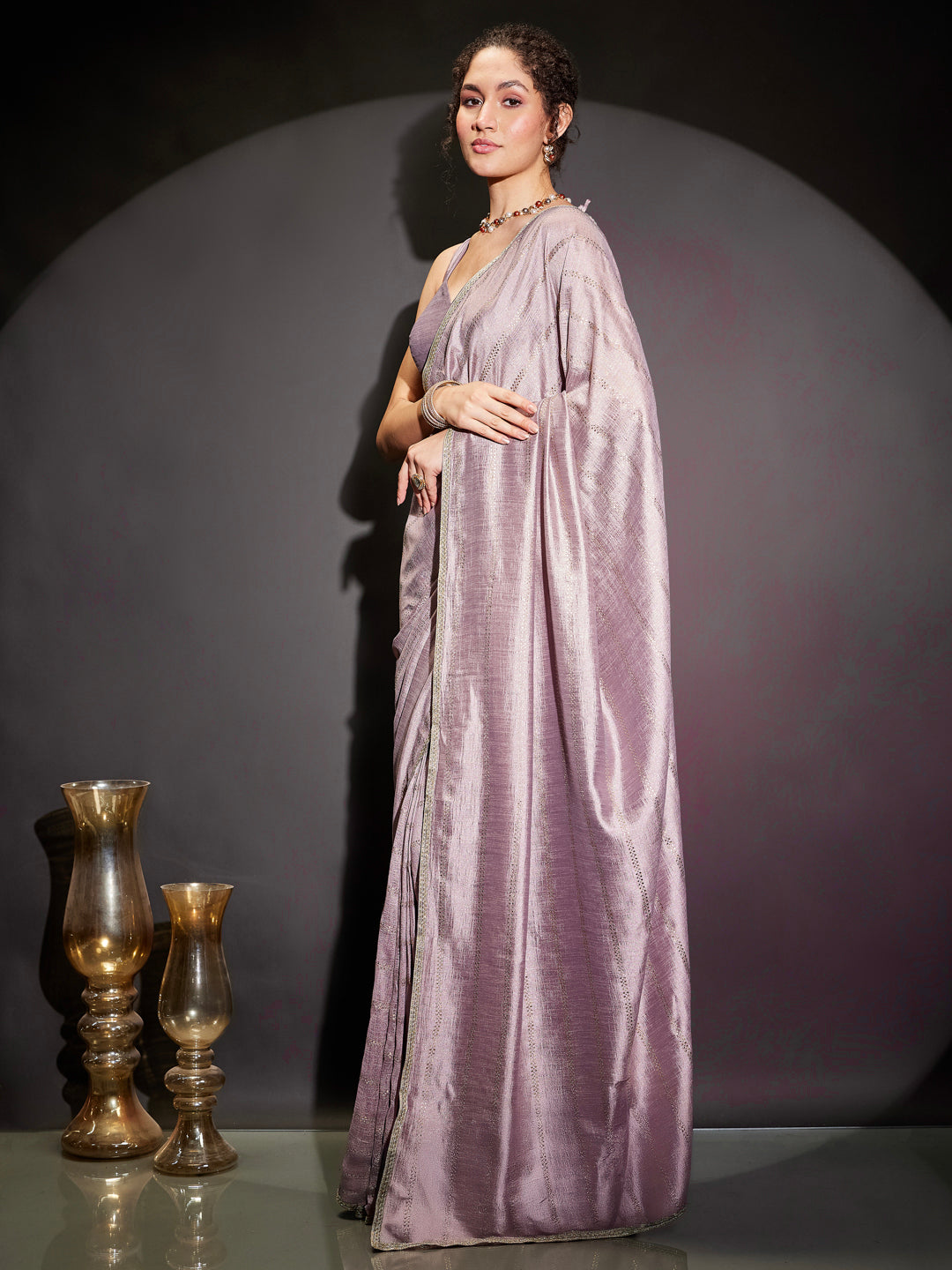 Ninnique Women's Lavender Silk Blend Ready To Wear Embellished Saree with Unstitched Blouse