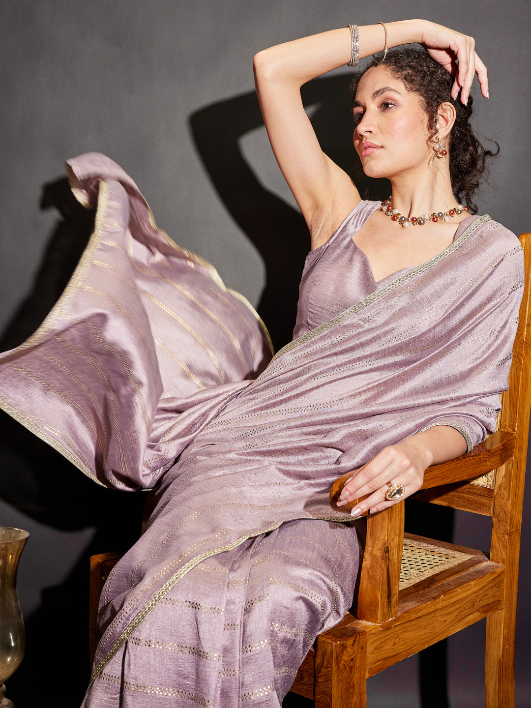 Ninnique Women's Lavender Silk Blend Ready To Wear Embellished Saree with Unstitched Blouse