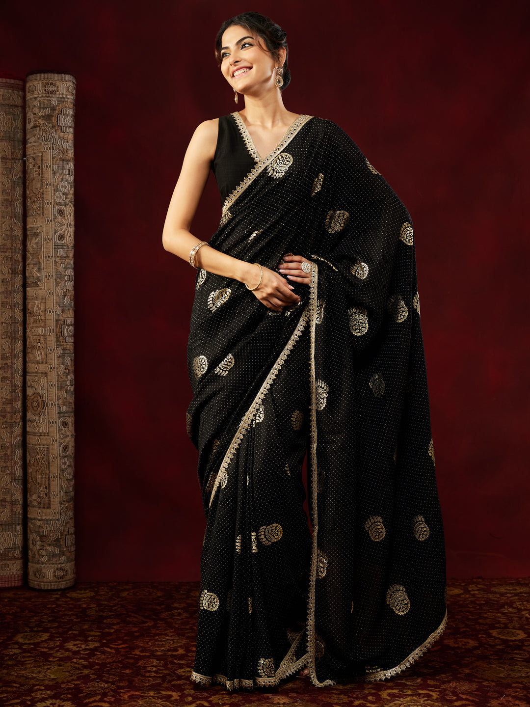 Ninnique Women's Black Silk Blend Ready To Wear Gold Printed Saree with Unstitched Blouse