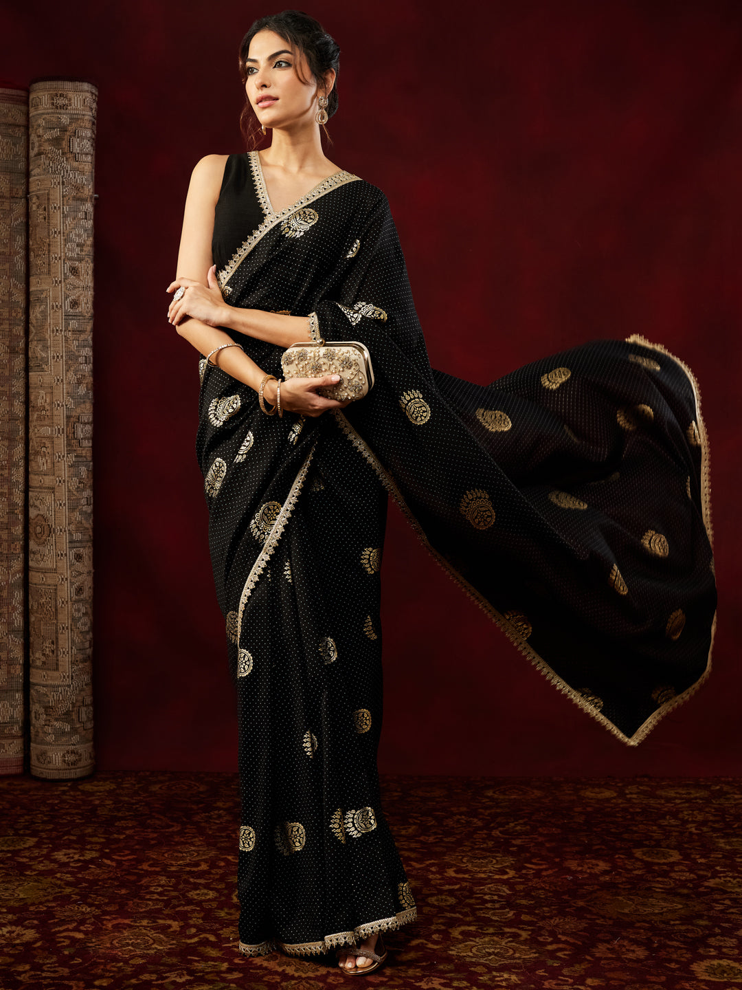 Ninnique Women's Black Silk Blend Ready To Wear Gold Printed Saree with Unstitched Blouse