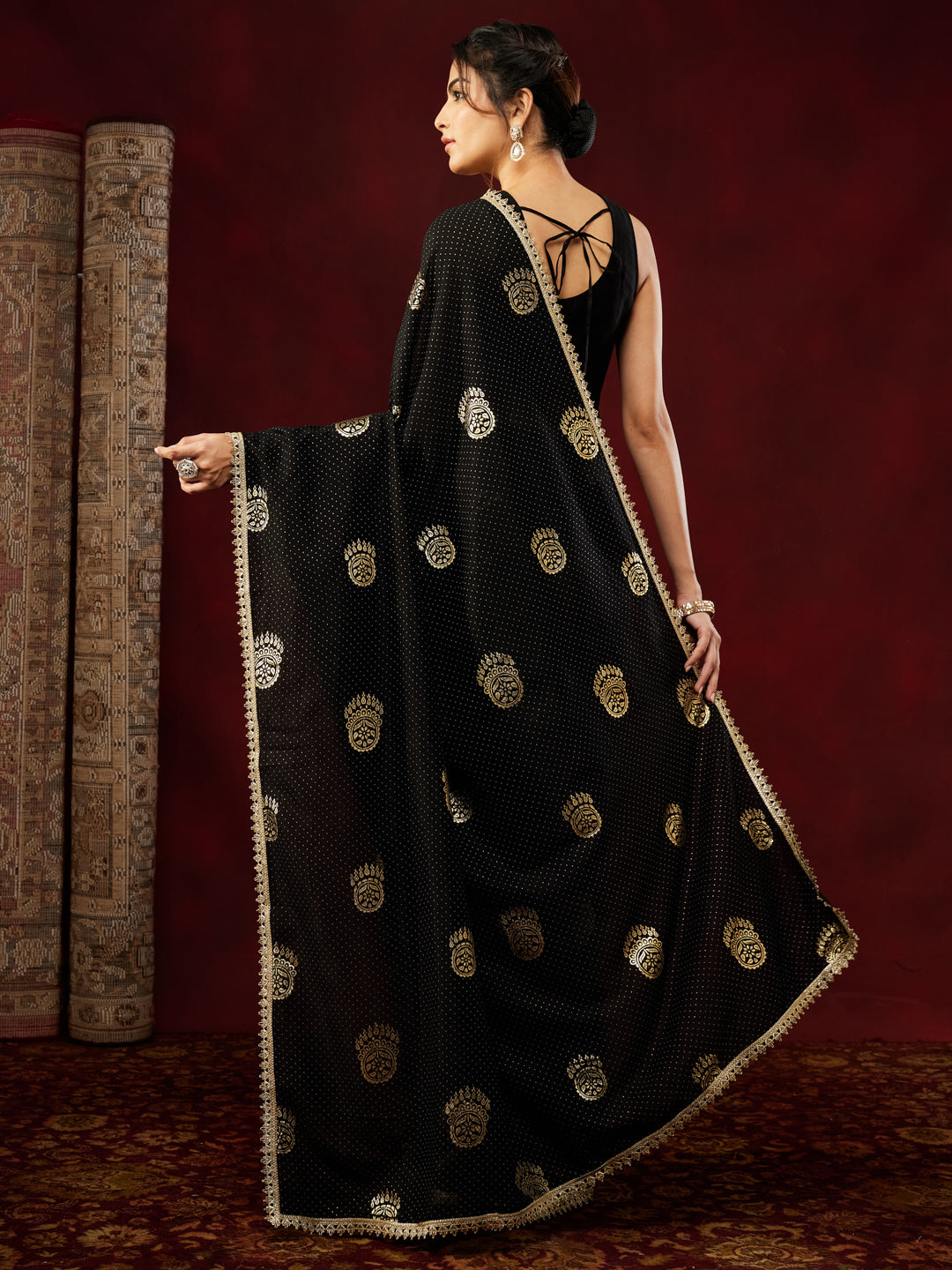 Ninnique Women's Black Silk Blend Ready To Wear Gold Printed Saree with Unstitched Blouse