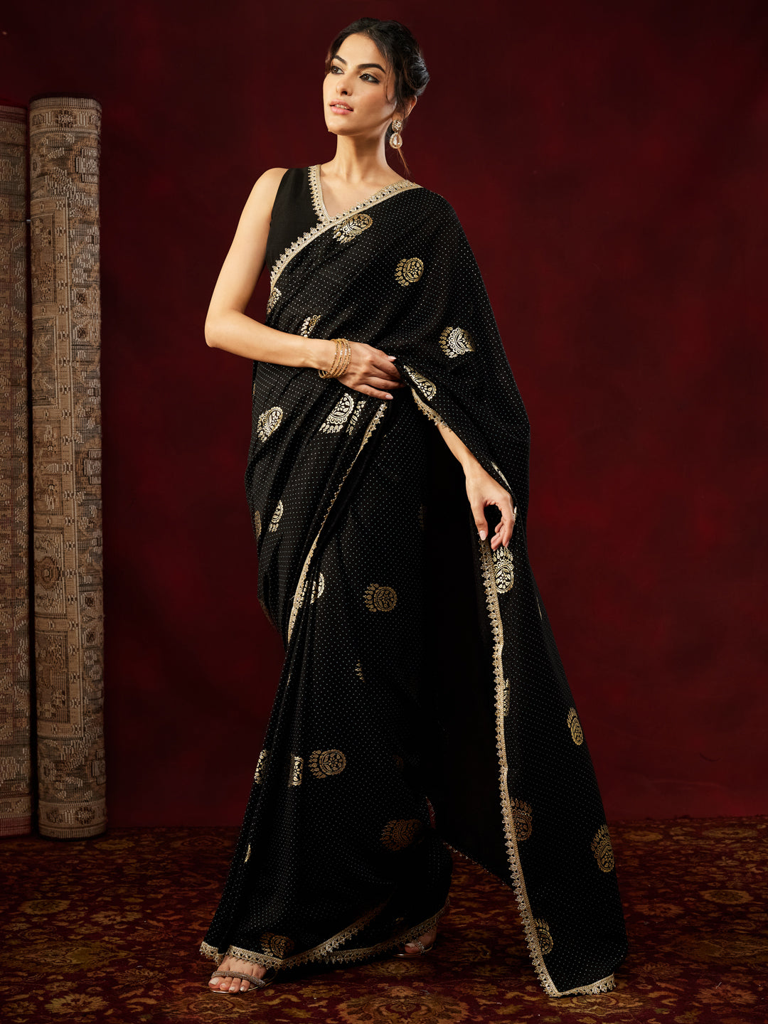 Ninnique Women's Black Silk Blend Ready To Wear Gold Printed Saree with Unstitched Blouse