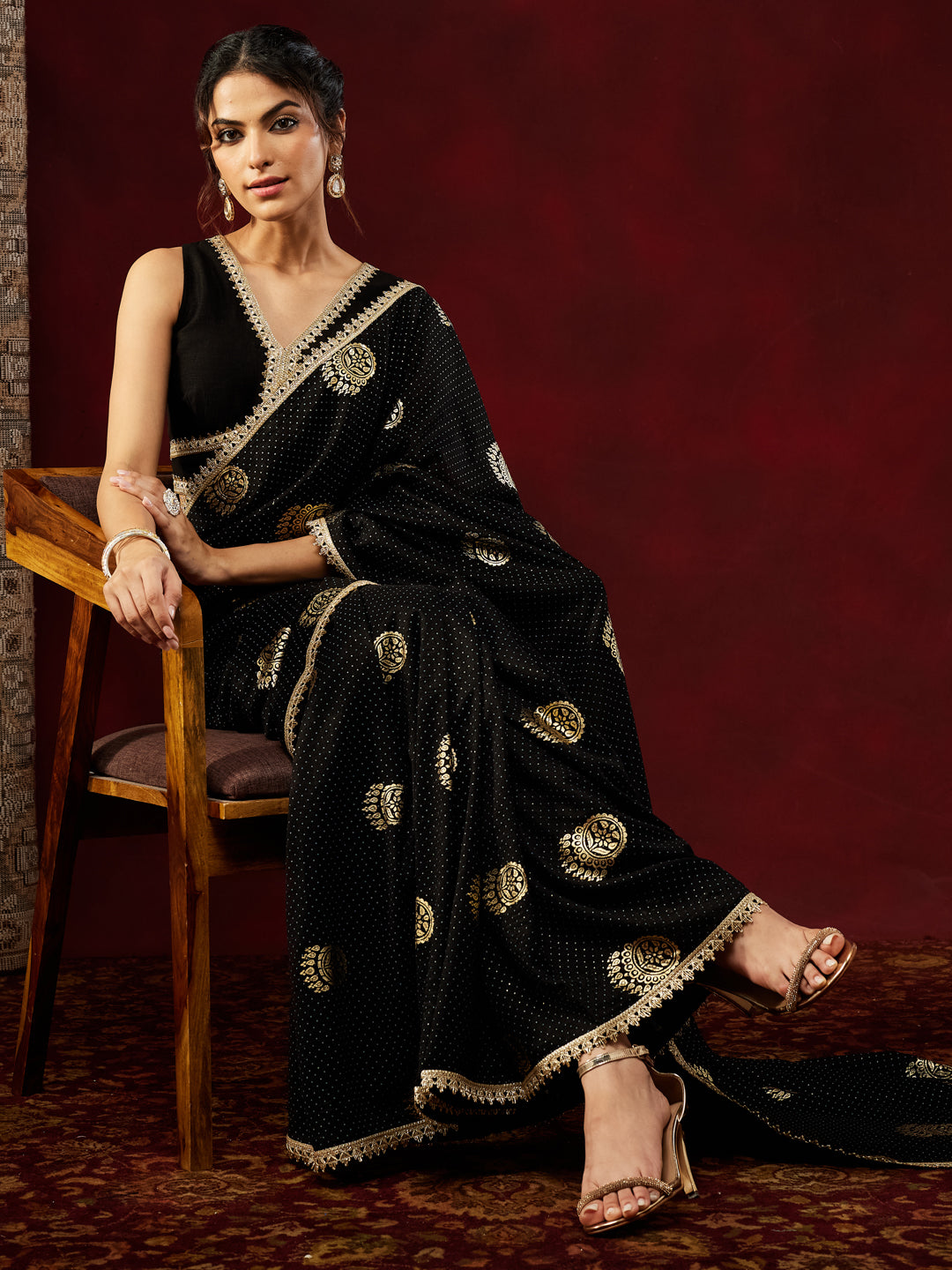 Ninnique Women's Black Silk Blend Ready To Wear Gold Printed Saree with Unstitched Blouse
