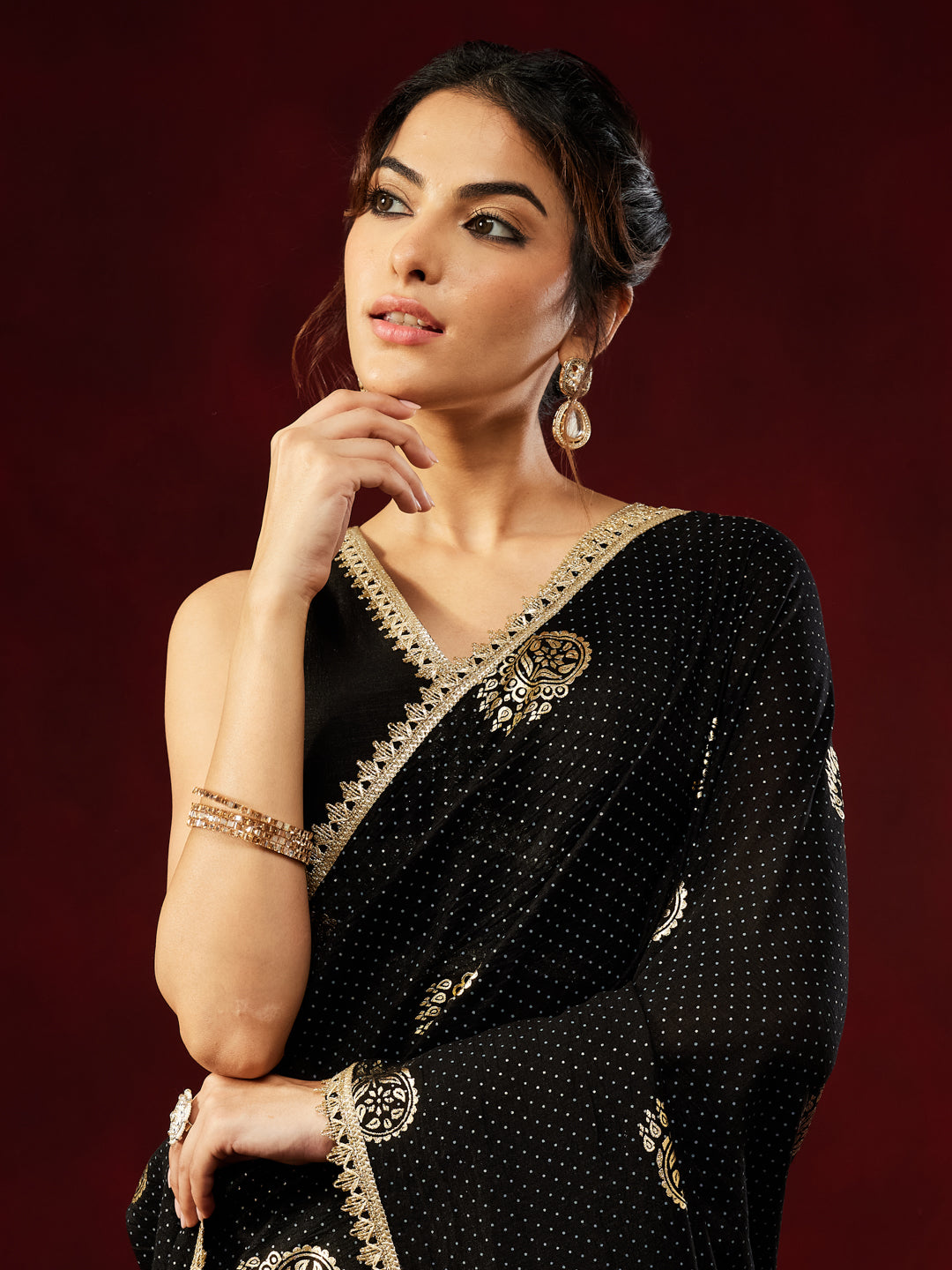 Ninnique Women's Black Silk Blend Ready To Wear Gold Printed Saree with Unstitched Blouse