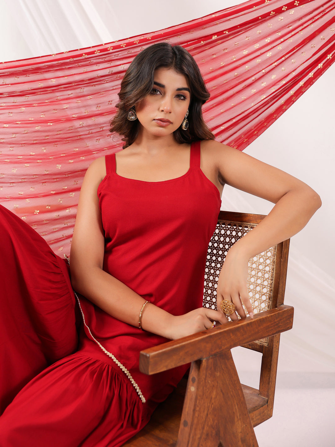 Ninnique Women's Red Rayon Embellished Straight Kurti With Sharara & Dupatta Set