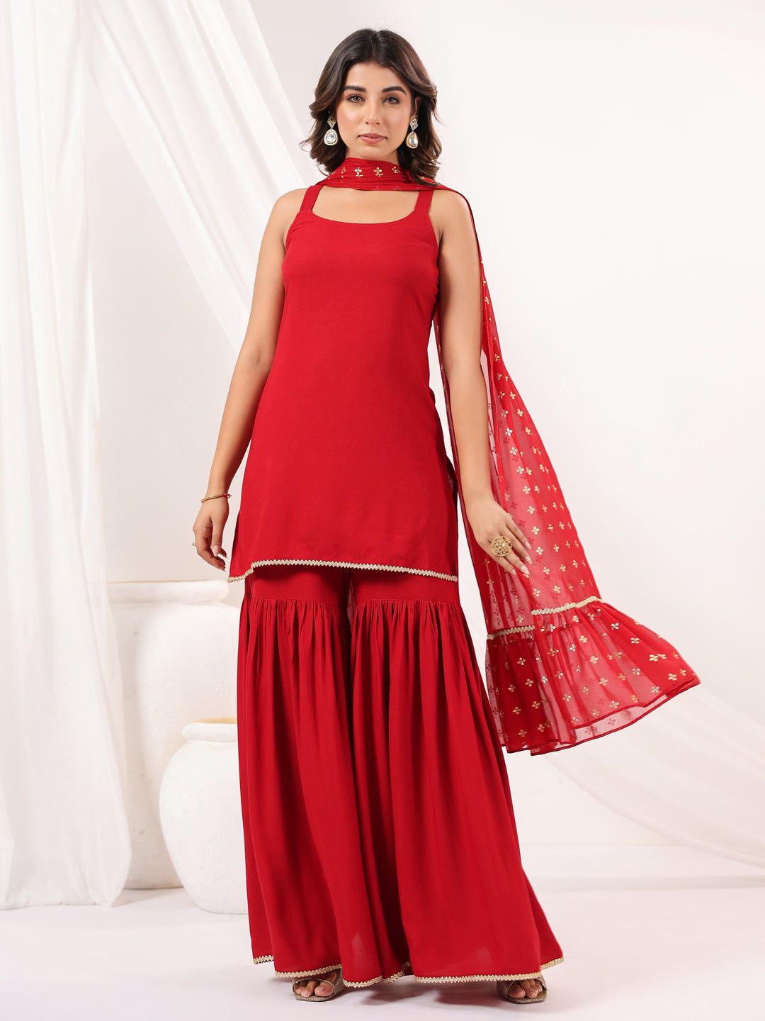 Ninnique Women's Red Rayon Embellished Straight Kurti With Sharara & Dupatta Set