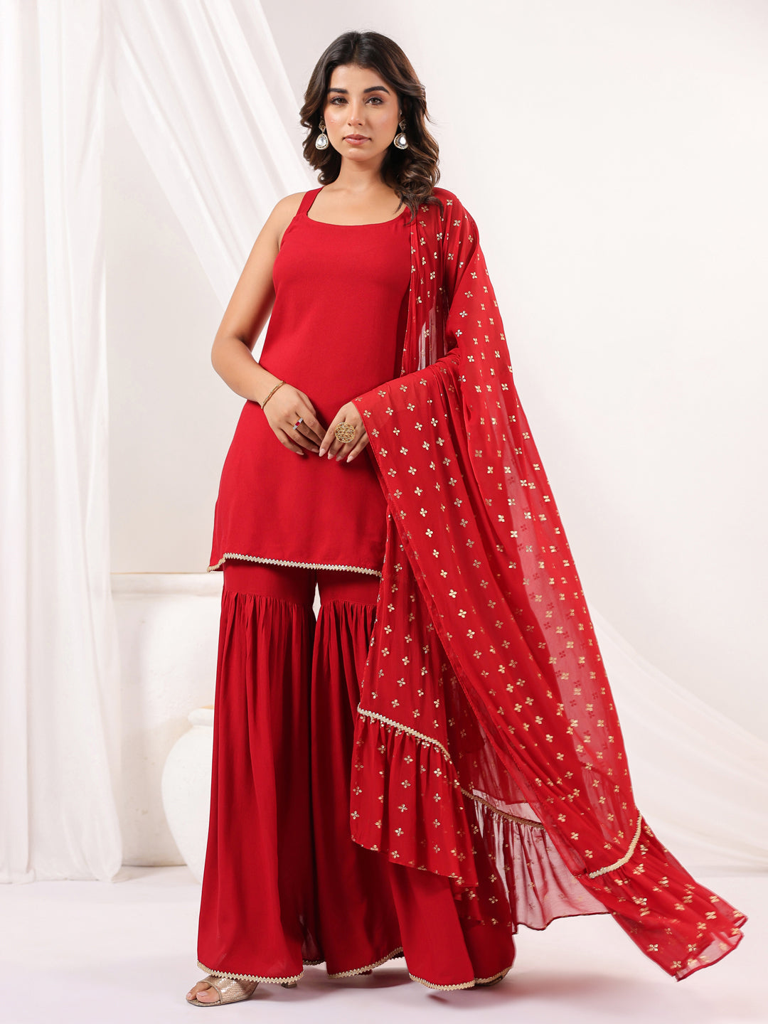 Ninnique Women's Red Rayon Embellished Straight Kurti With Sharara & Dupatta Set