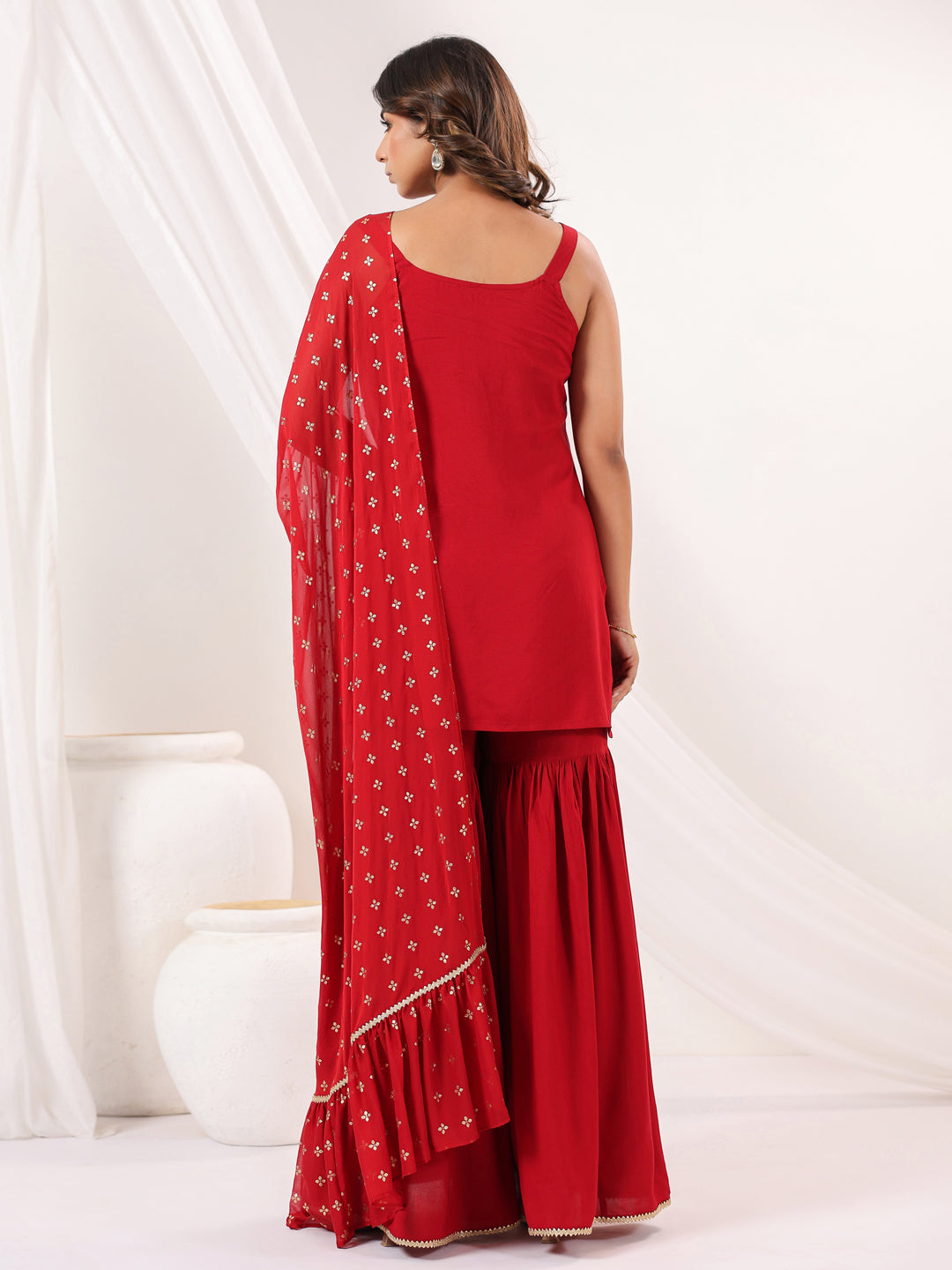 Ninnique Women's Red Rayon Embellished Straight Kurti With Sharara & Dupatta Set