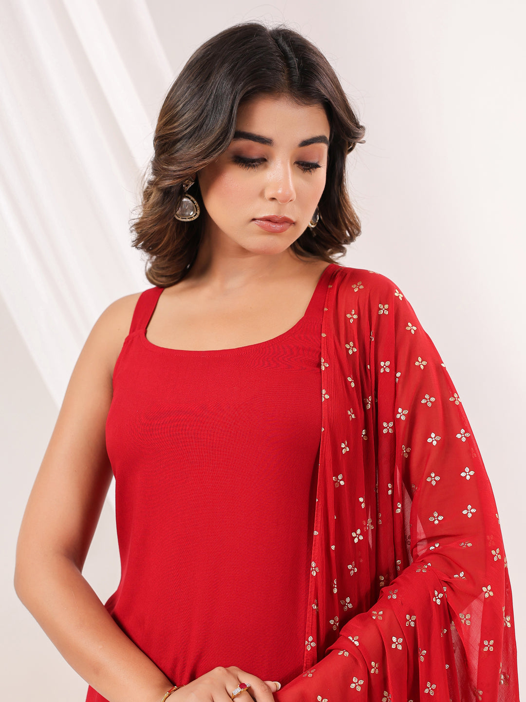 Ninnique Women's Red Rayon Embellished Straight Kurti With Sharara & Dupatta Set