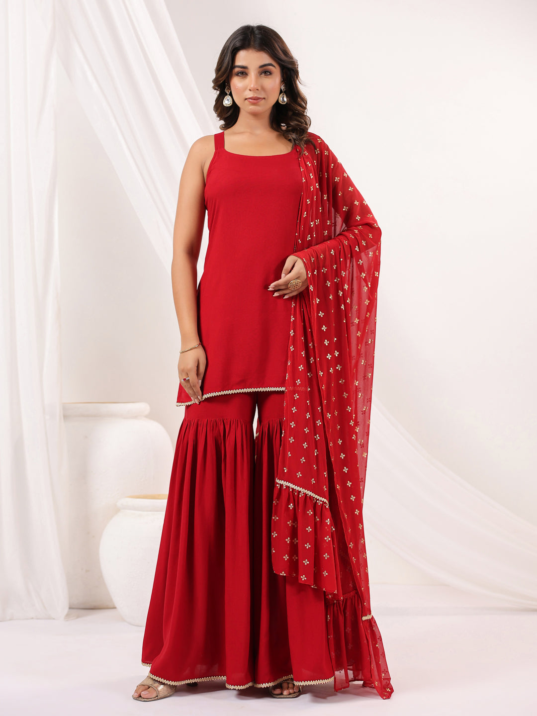 Ninnique Women's Red Rayon Embellished Straight Kurti With Sharara & Dupatta Set