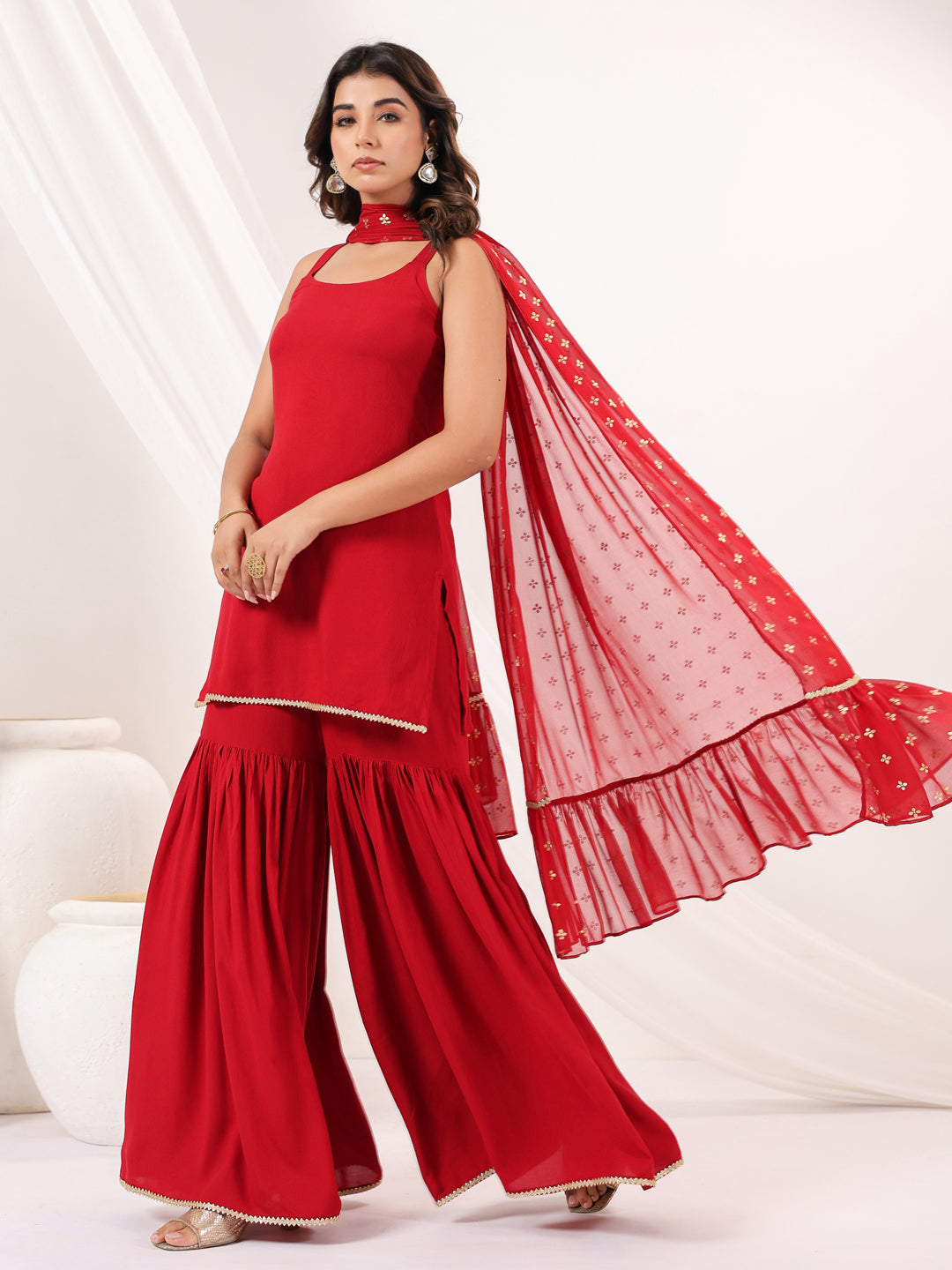 Ninnique Women's Red Rayon Embellished Straight Kurti With Sharara & Dupatta Set