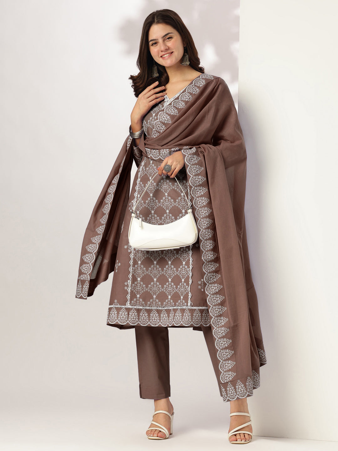 Ninnique Women's Brown Pure Cotton Ethnic Motifs Printed A-line Kurta Set