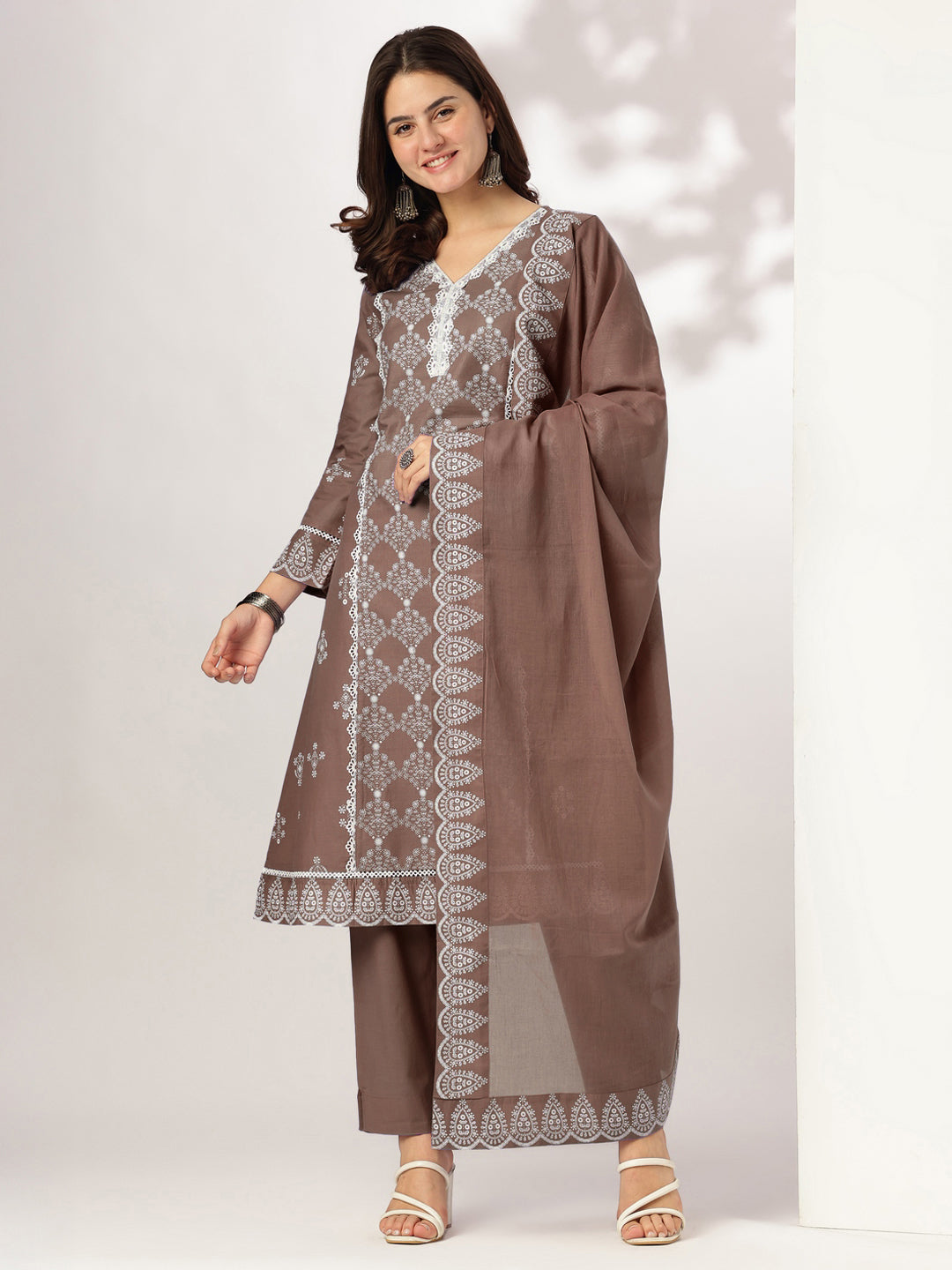 Ninnique Women's Brown Pure Cotton Ethnic Motifs Printed A-line Kurta Set