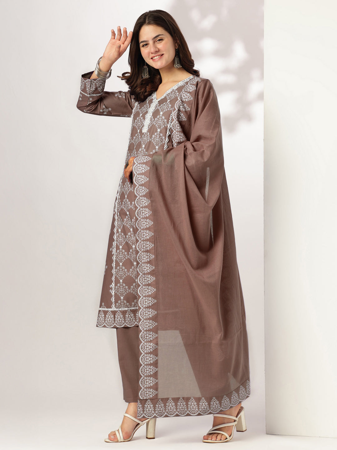 Ninnique Women's Brown Pure Cotton Ethnic Motifs Printed A-line Kurta Set