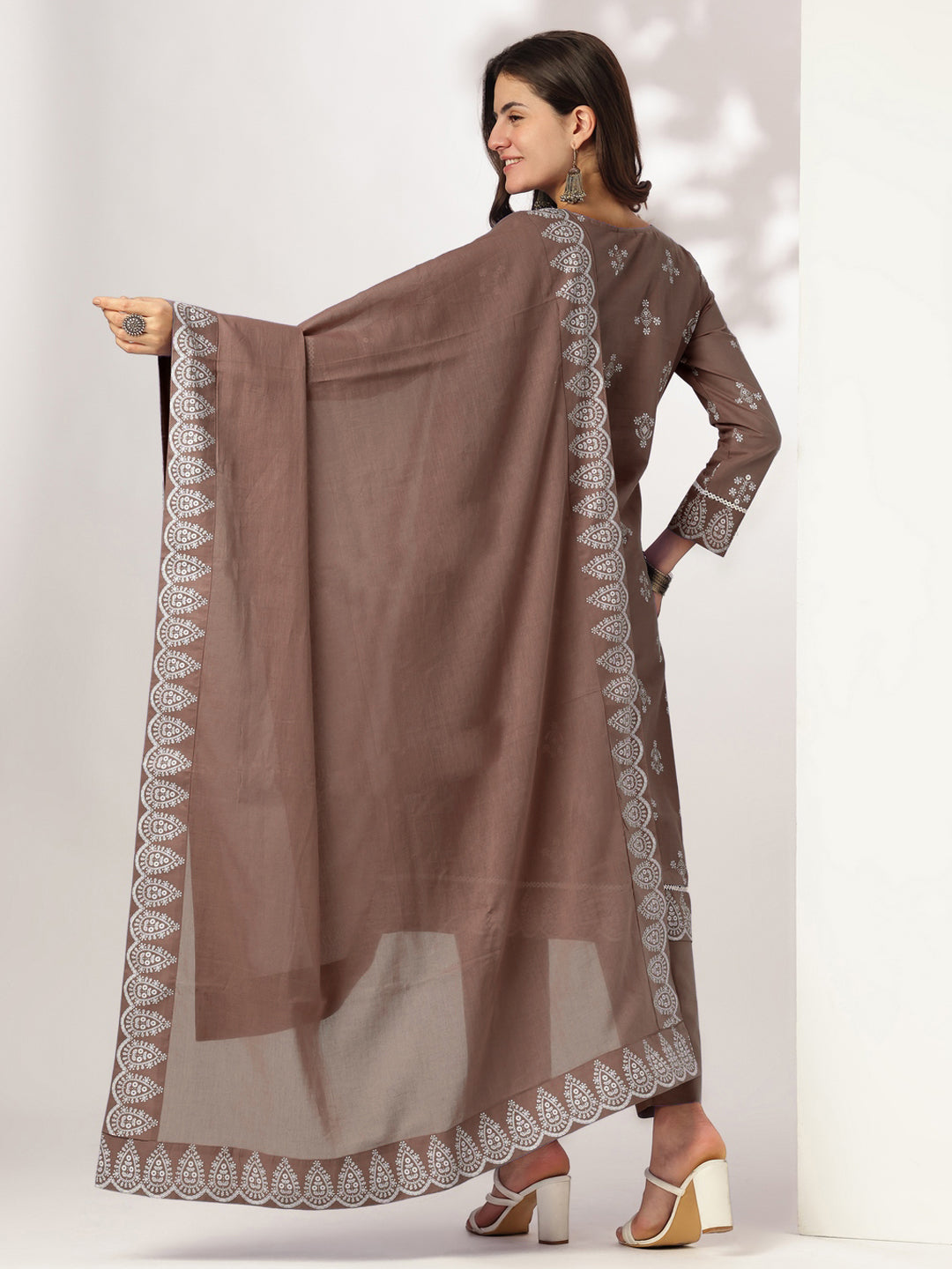 Ninnique Women's Brown Pure Cotton Ethnic Motifs Printed A-line Kurta Set