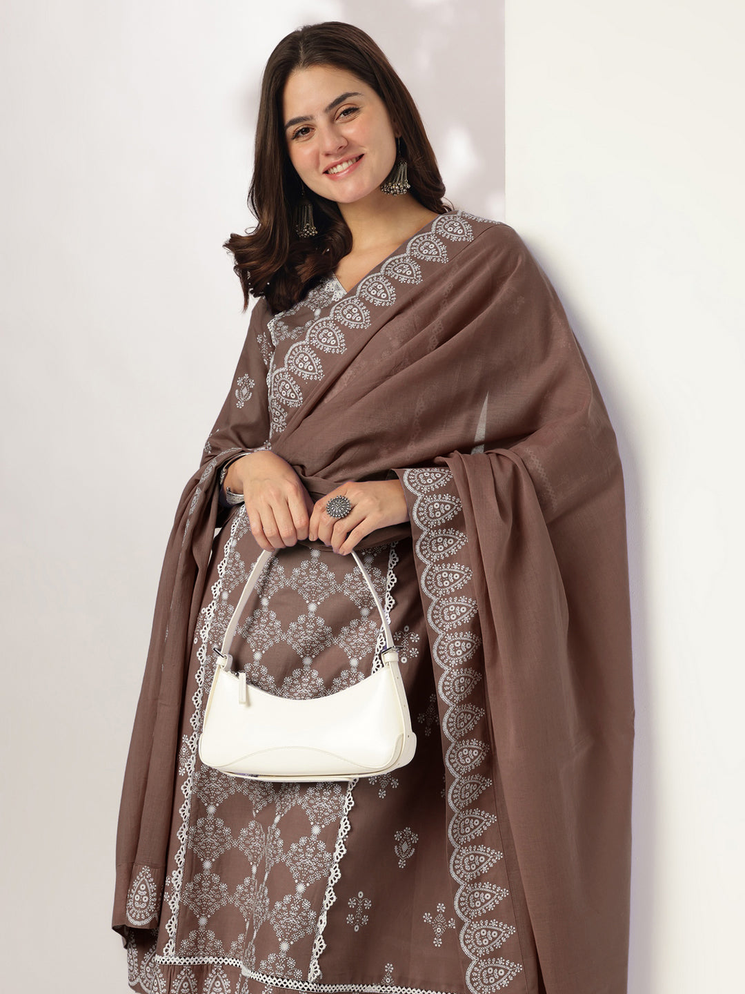 Ninnique Women's Brown Pure Cotton Ethnic Motifs Printed A-line Kurta Set
