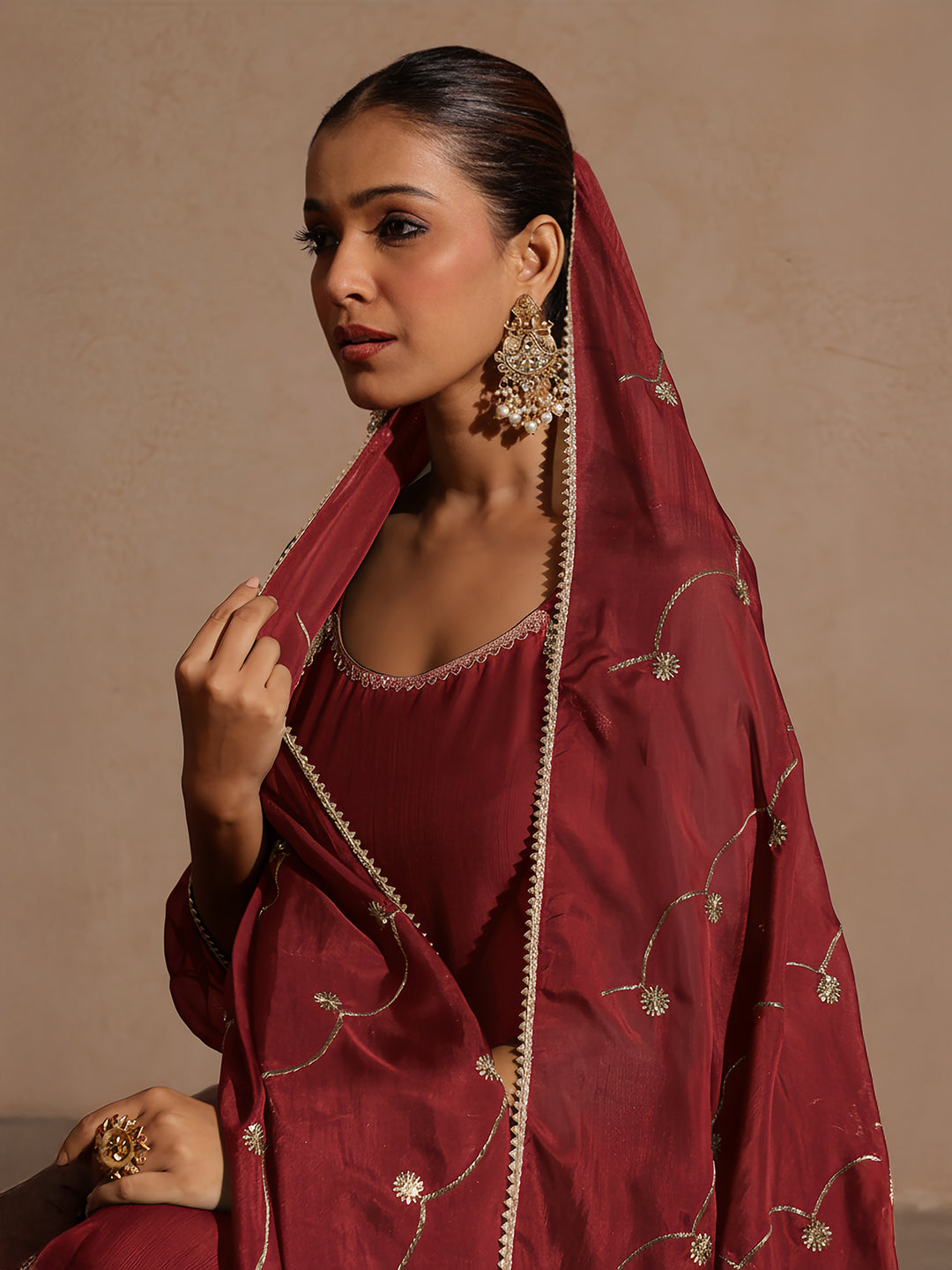 Ninnique Women's Maroon Silk Blend Embellished Straight Kurta Set