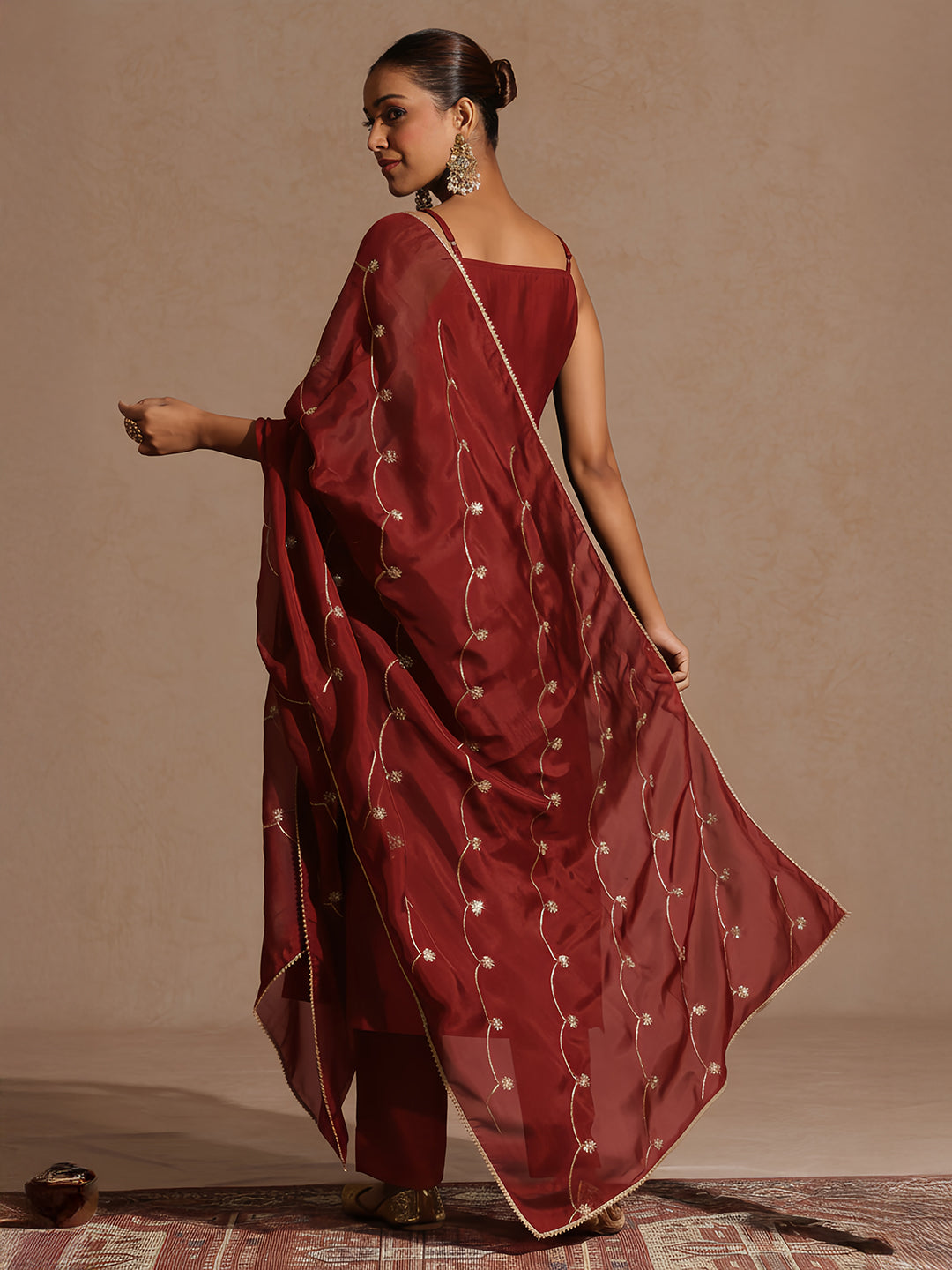 Ninnique Women's Maroon Silk Blend Embellished Straight Kurta Set