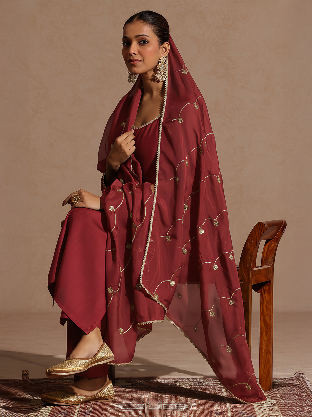 Ninnique Women's Maroon Silk Blend Embellished Straight Kurta Set