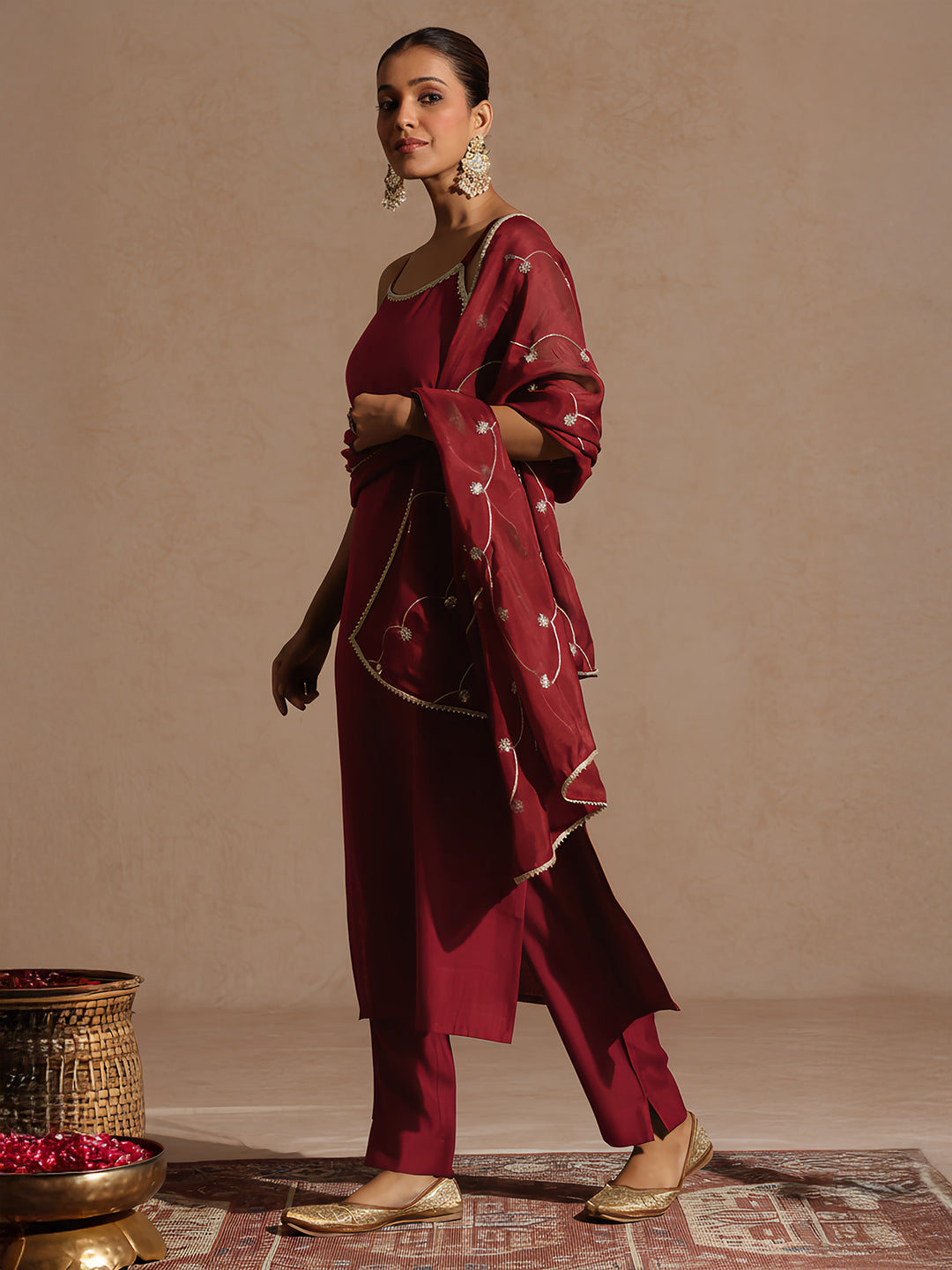 Ninnique Women's Maroon Silk Blend Embellished Straight Kurta Set