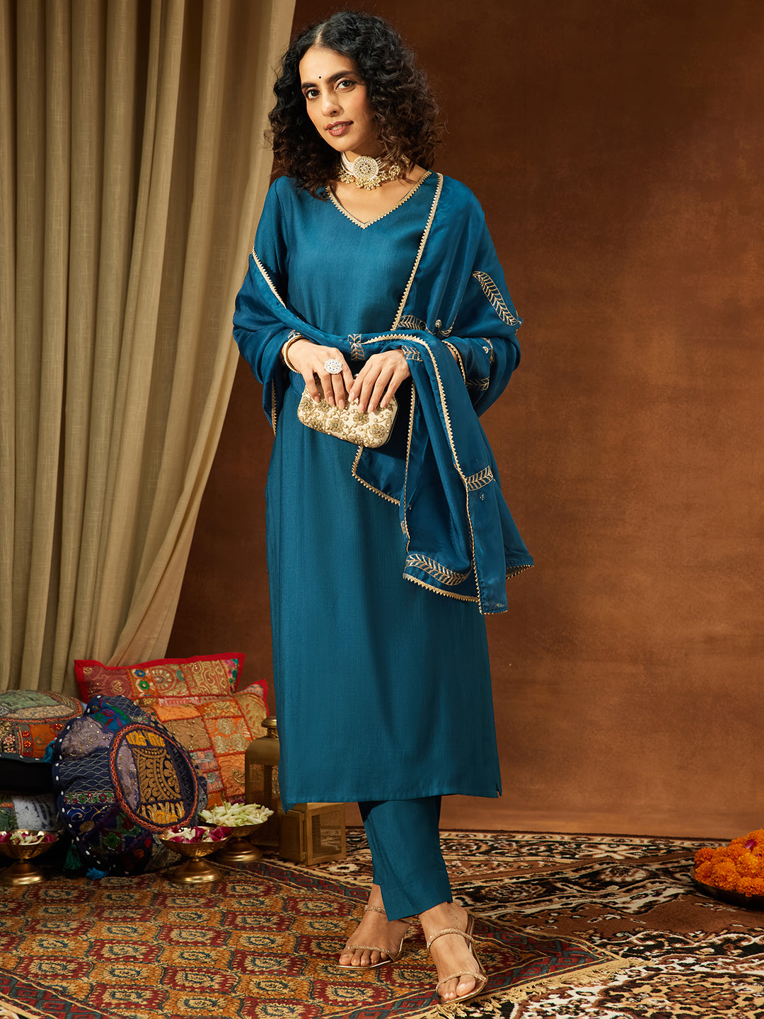 Ninnique Women's Teal Blue Silk Blend Embellished Straight Kurta Set