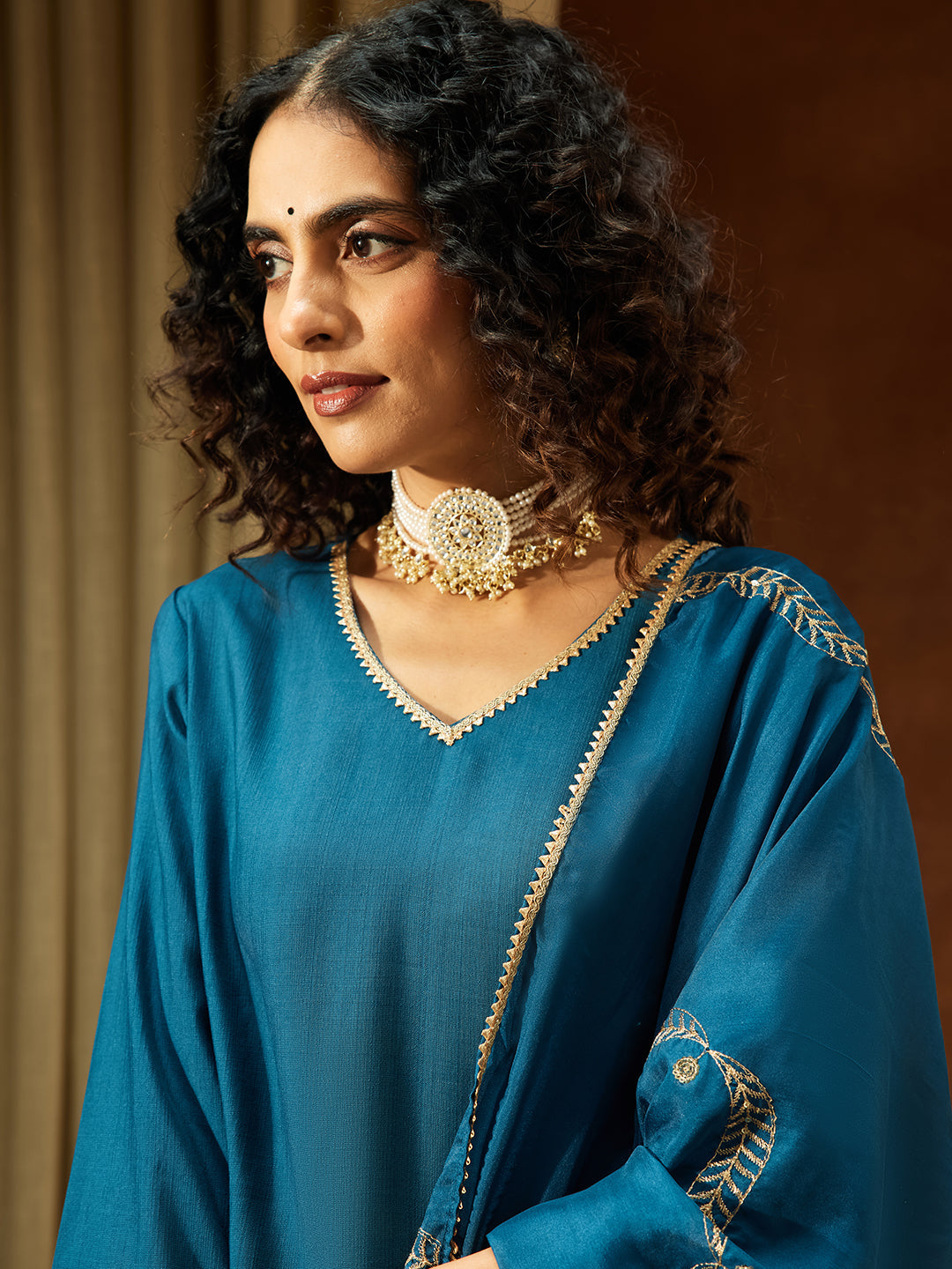 Ninnique Women's Teal Blue Silk Blend Embellished Straight Kurta Set